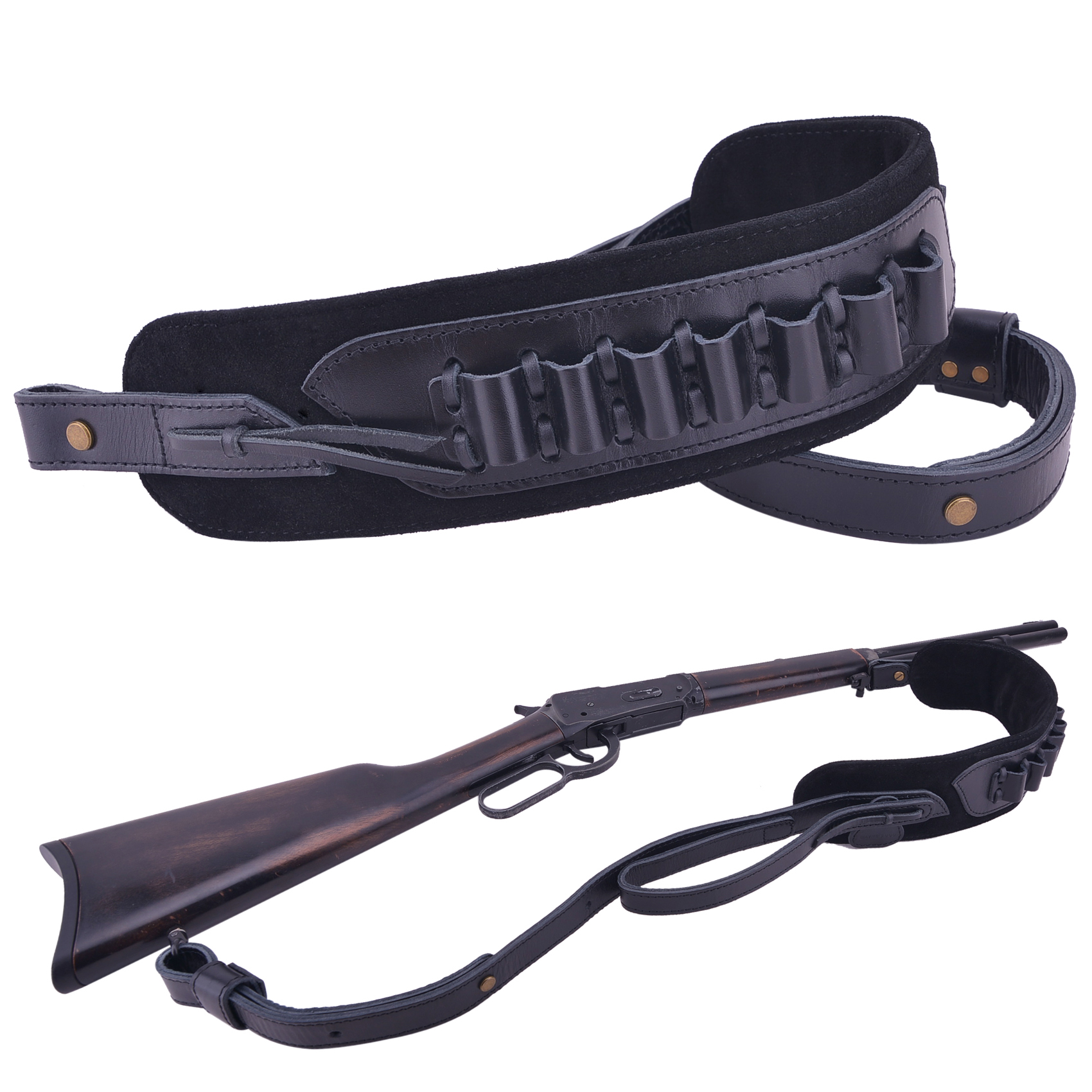 .308 .30-06 .45-70 .44MAG FTop-Grain Leather Gun Cartridge Sling Rifle Strap with Shell Holder, Handle Strap