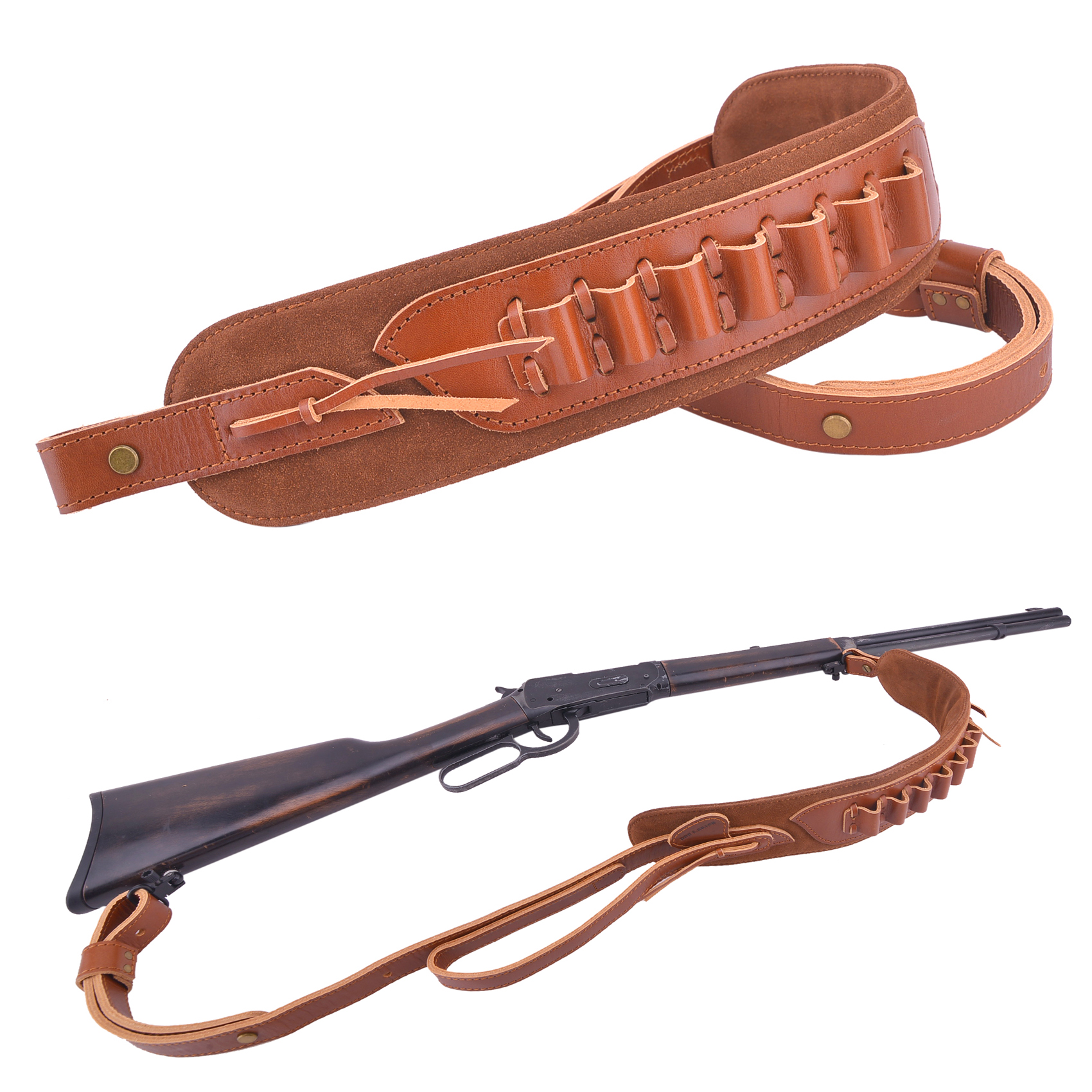 .308 .30-06 .45-70 .44MAG FTop-Grain Leather Gun Cartridge Sling Rifle Strap with Shell Holder, Handle Strap