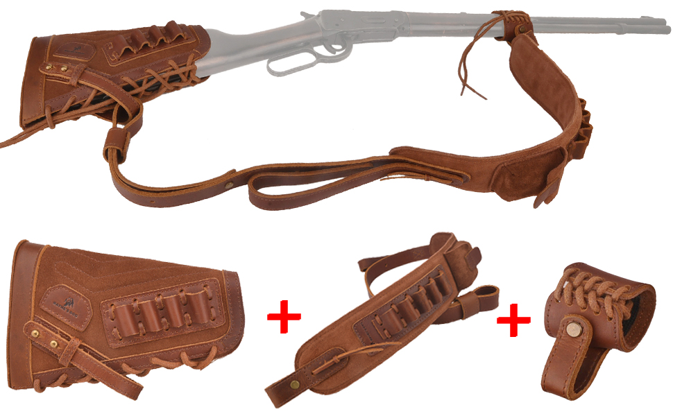  1 Set Leather No Drill Buttstock With Gun Sling , Barrel  Mount  For .308 .45-70 .30-06 410GA Shell Holder