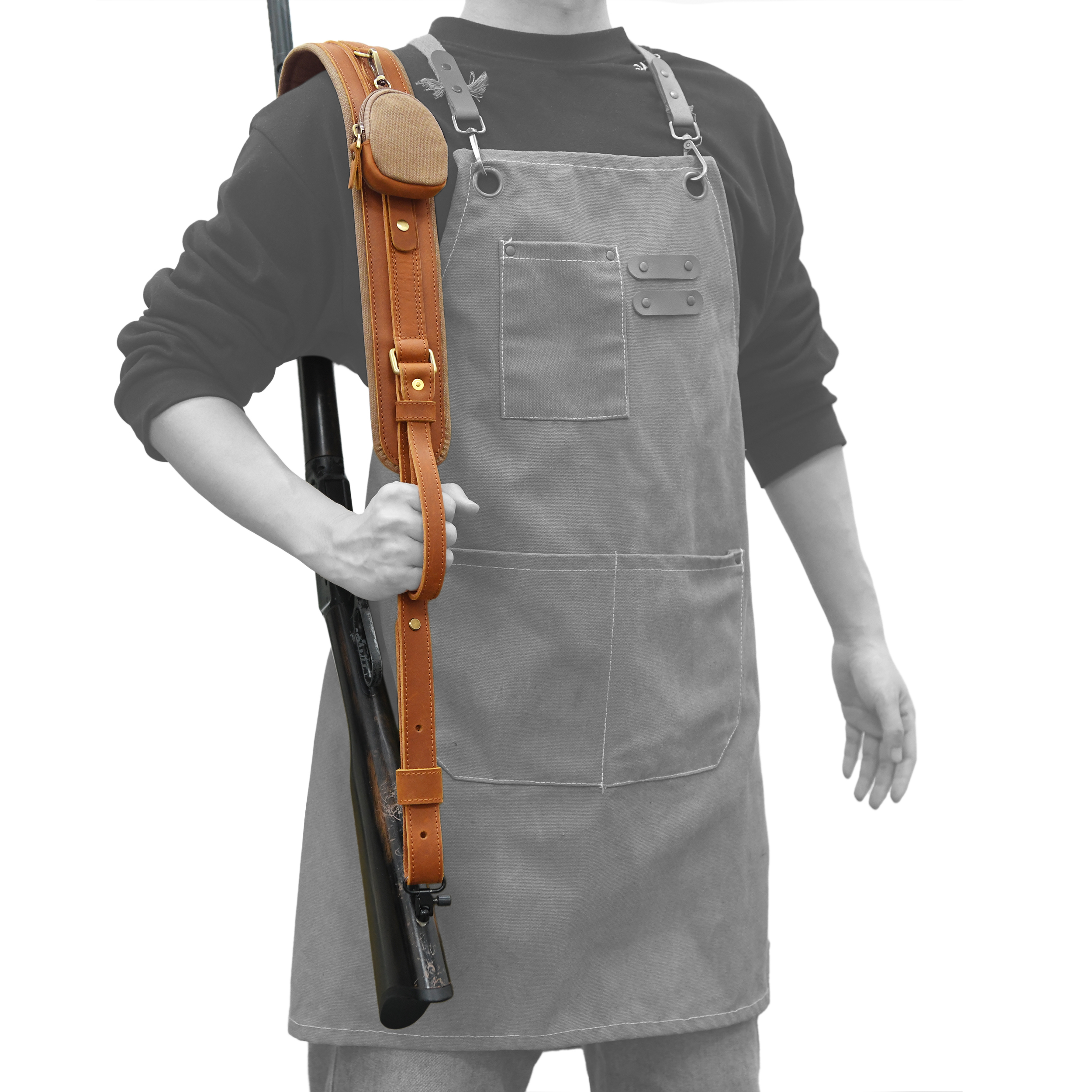 Leather Gun Sling with Removable Canvas Bag Pouches, Padded Straps