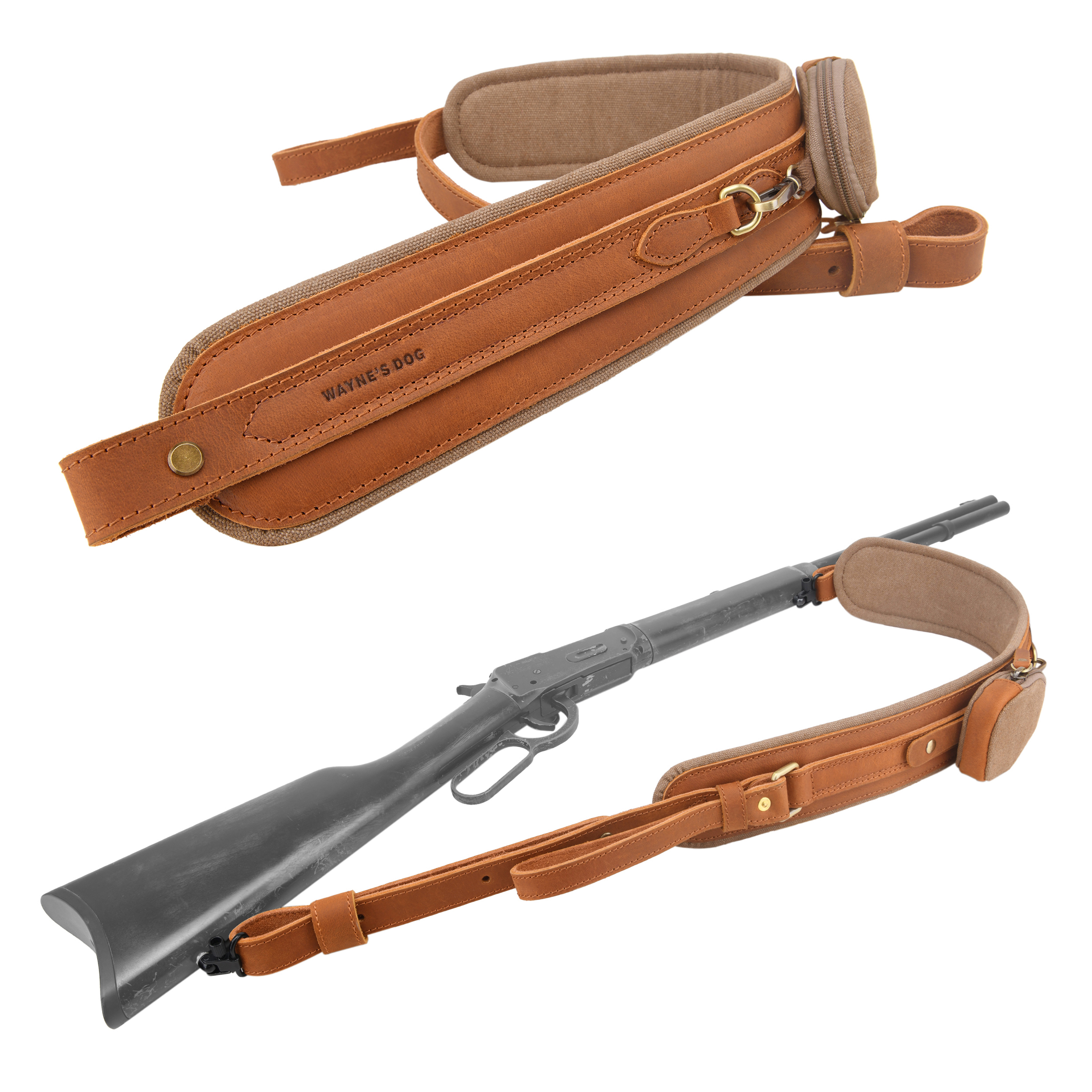 Leather Gun Sling with Removable Canvas Bag Pouches, Padded Straps