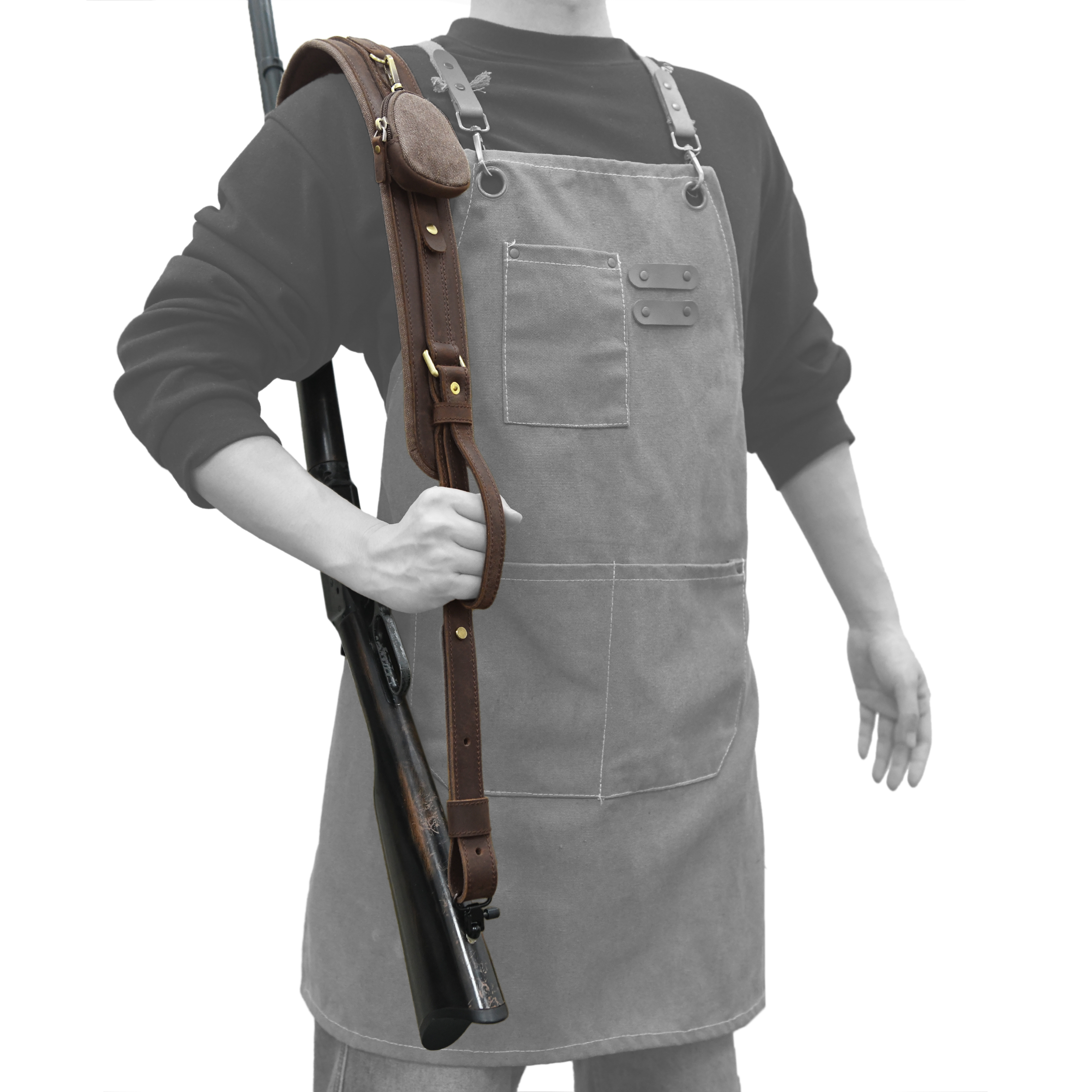 Leather Gun Sling with Removable Canvas Bag Pouches, Padded Straps
