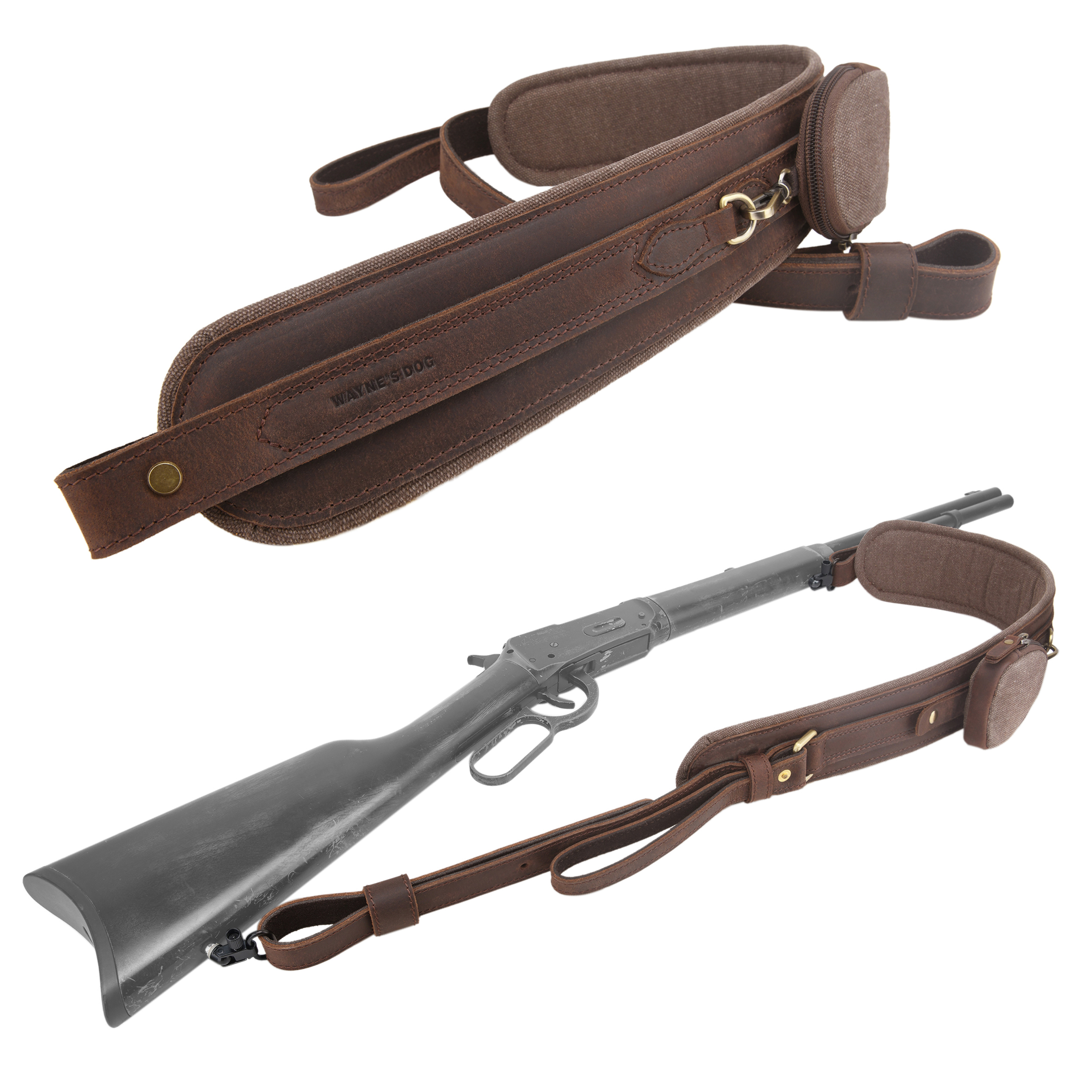 Leather Gun Sling with Removable Canvas Bag Pouches, Padded Straps