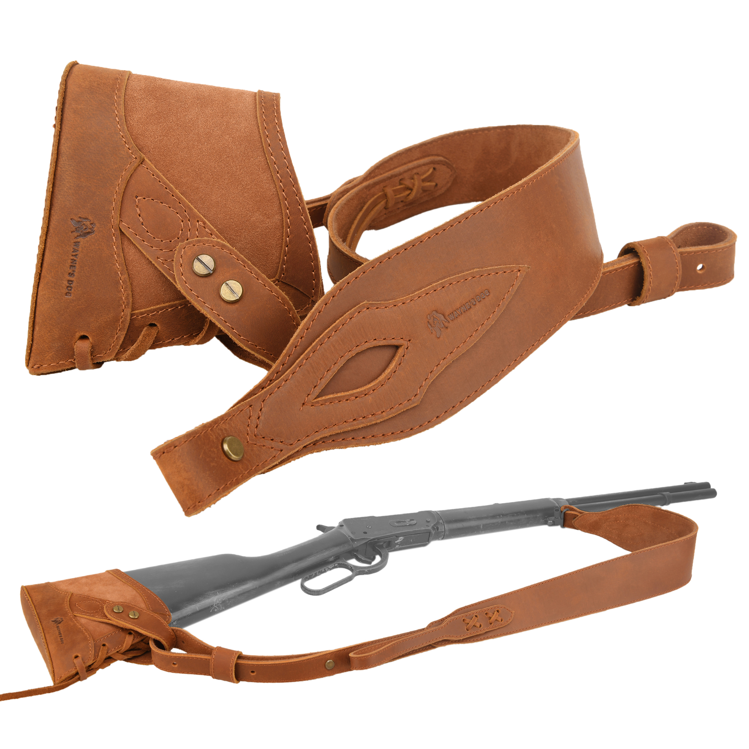 Full Leather No Drill Set Rifle Gun Carry Sling Strap with Recoil Pad