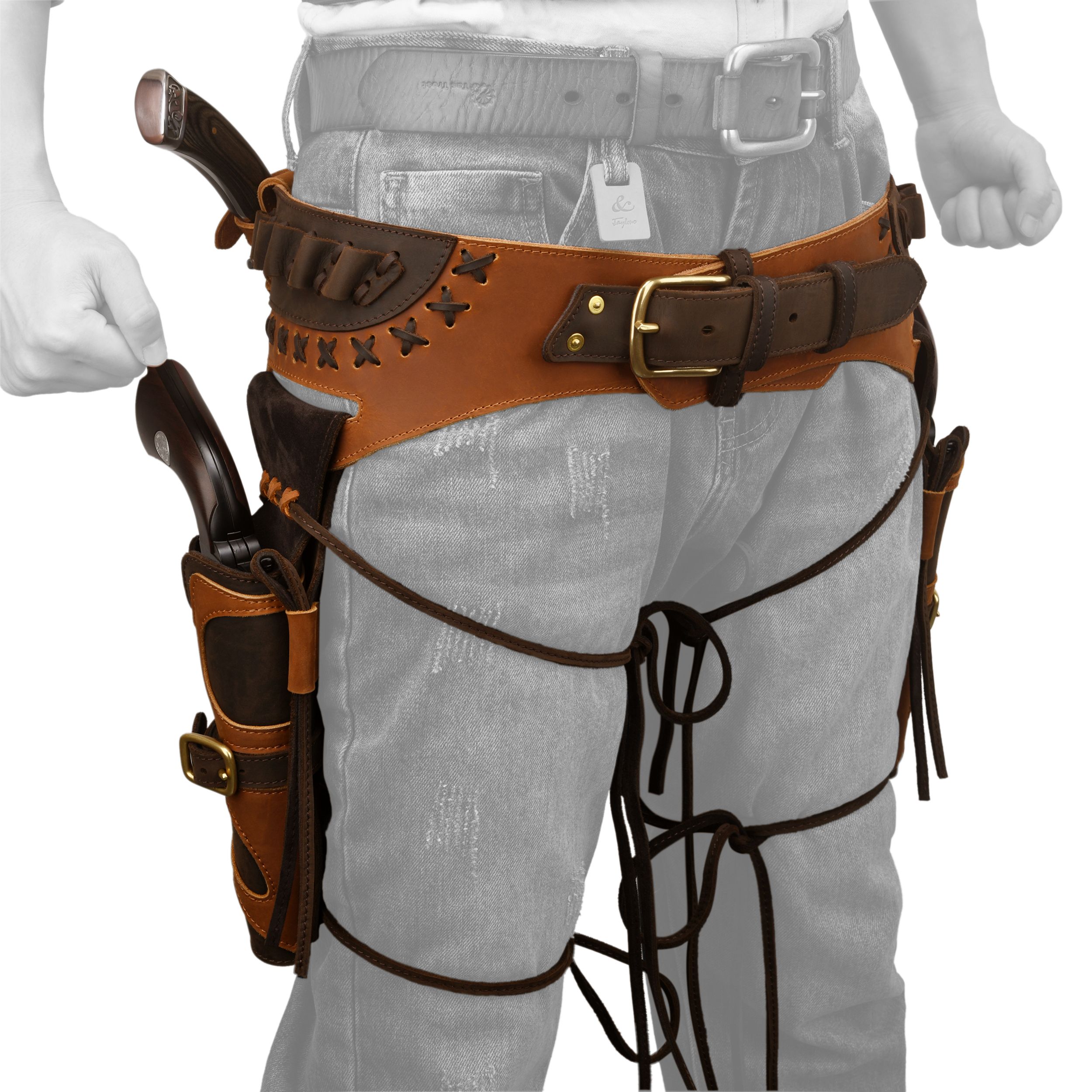 Western Belt Holster and Dual Hand Leather Revolver Set fit .45-70/.40/.44 Colt