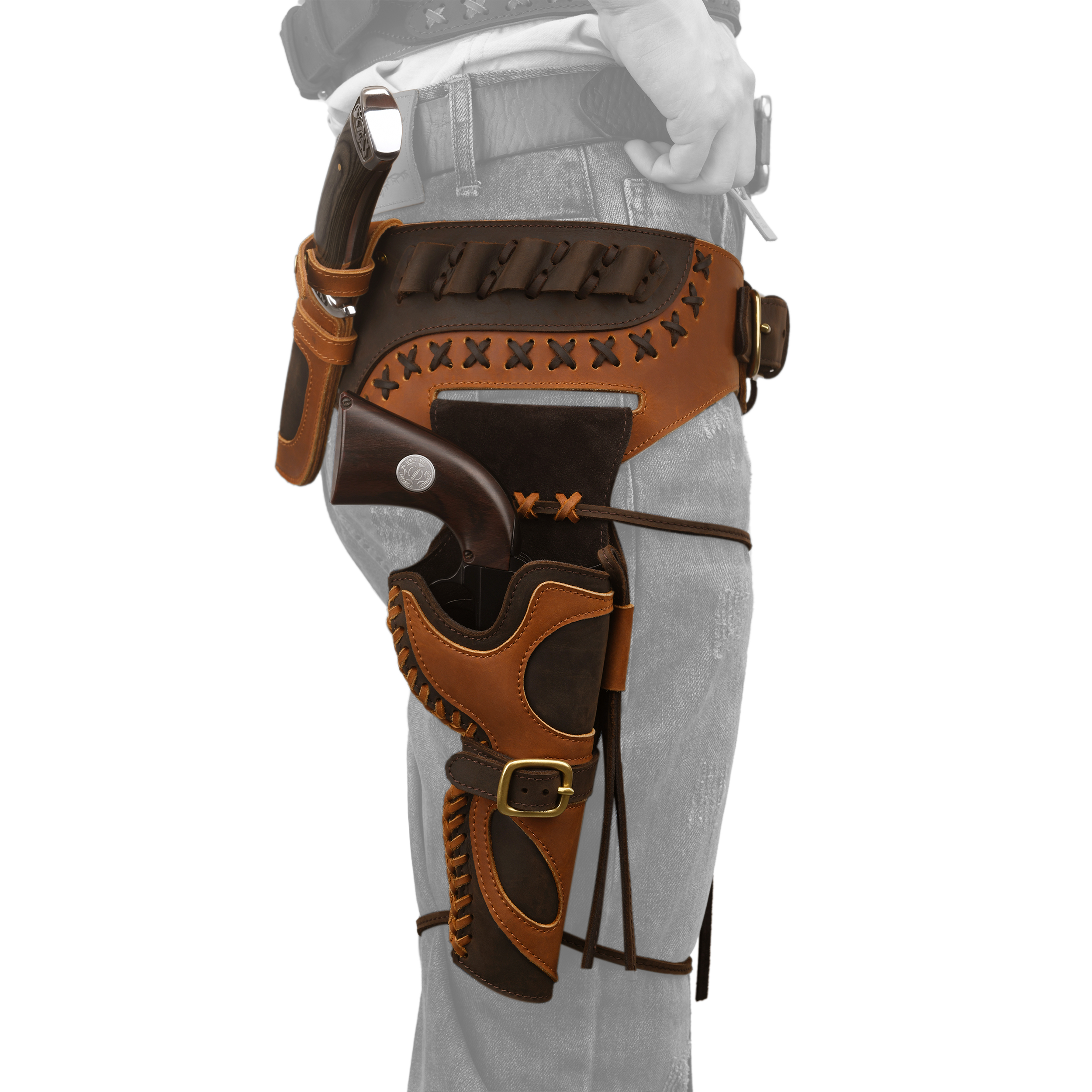 Western Belt Holster and Dual Hand Leather Revolver Set fit .45-70/.40/.44 Colt