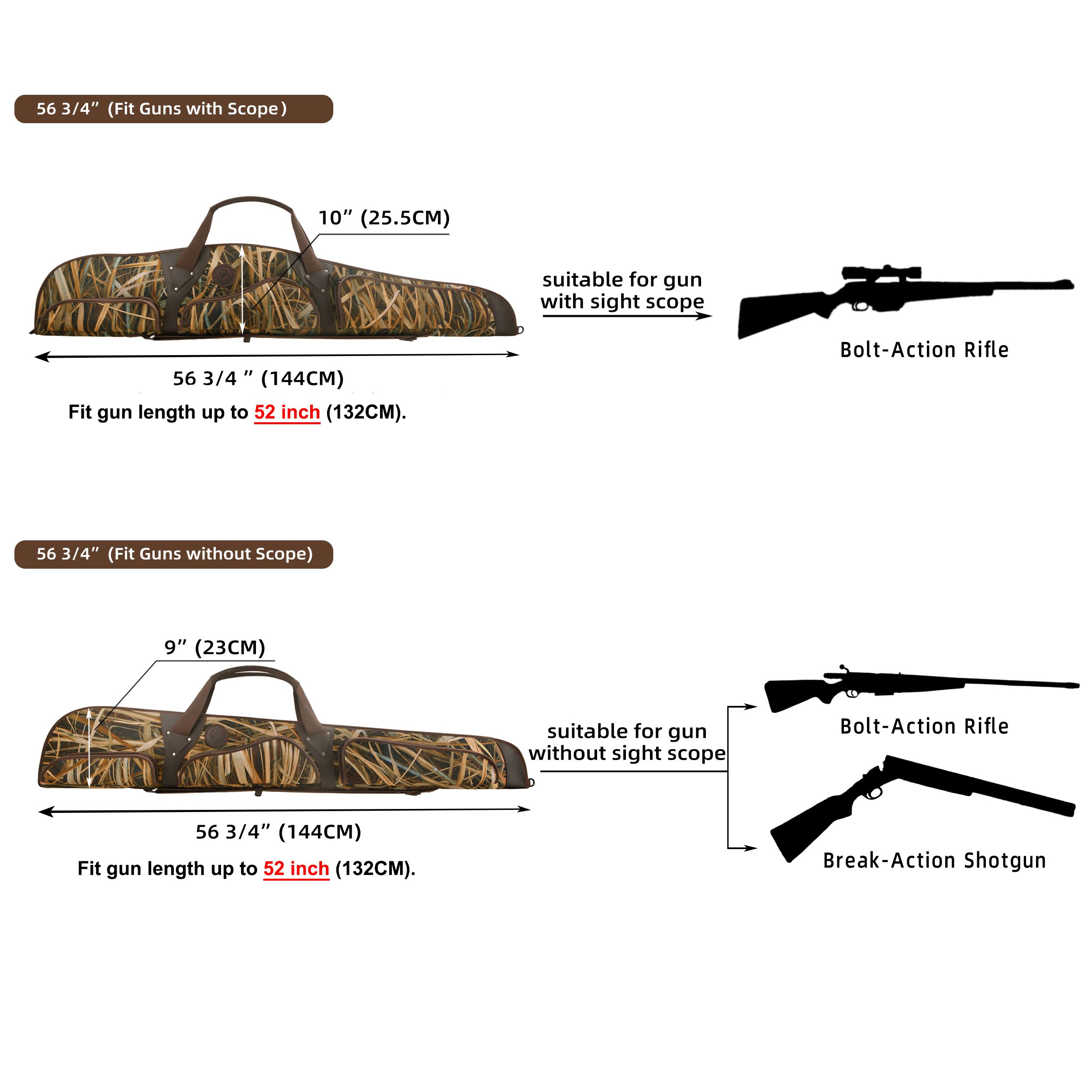 44" / 56" Soft Gun Case for Scoped Rifle & Shotgun, Camouflage Gun Storage Bag for Bolt-Action Rifles, Break-Action Shotguns