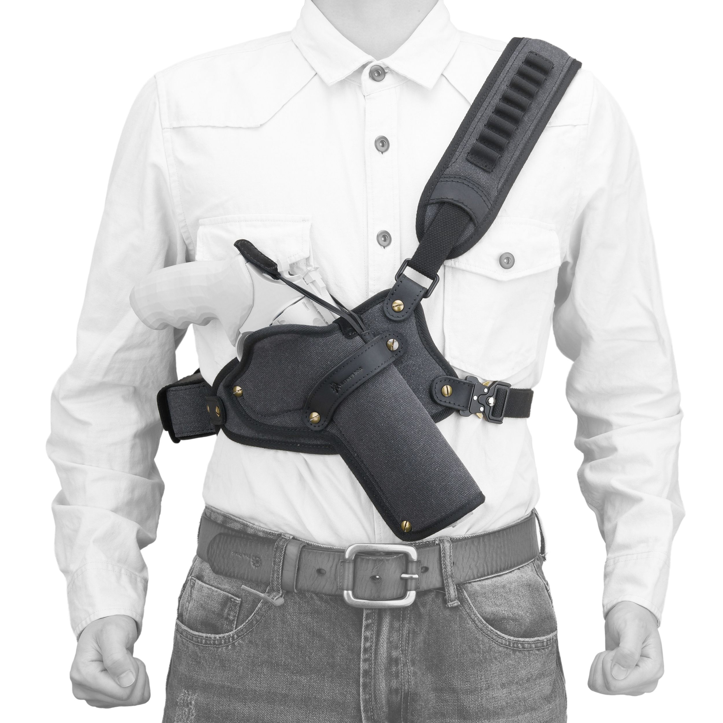 Canvas Pistol Chest Holster with Double Speedloader Holder Suit for Right Handed