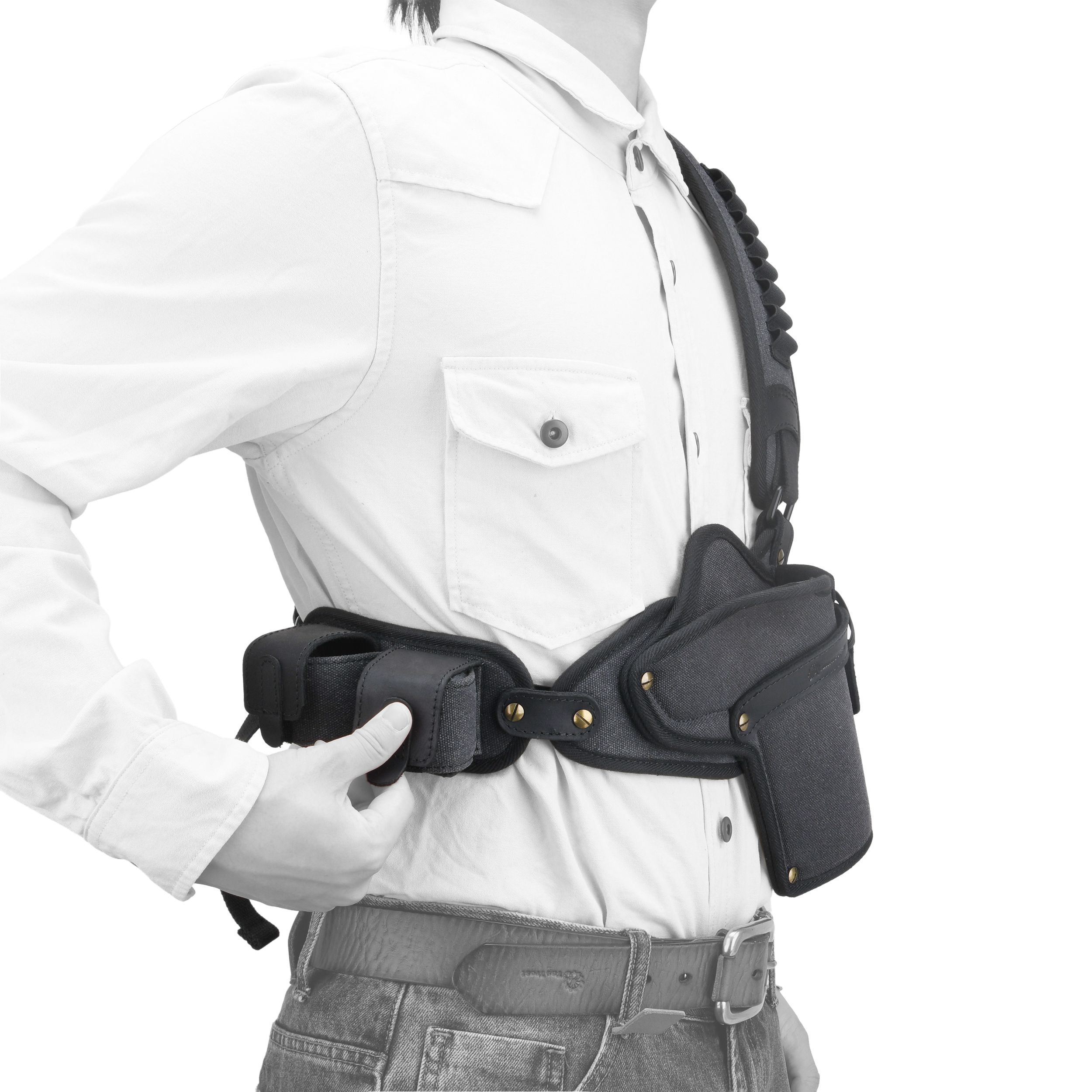 Canvas Pistol Chest Holster with Double Speedloader Holder Suit for Right Handed