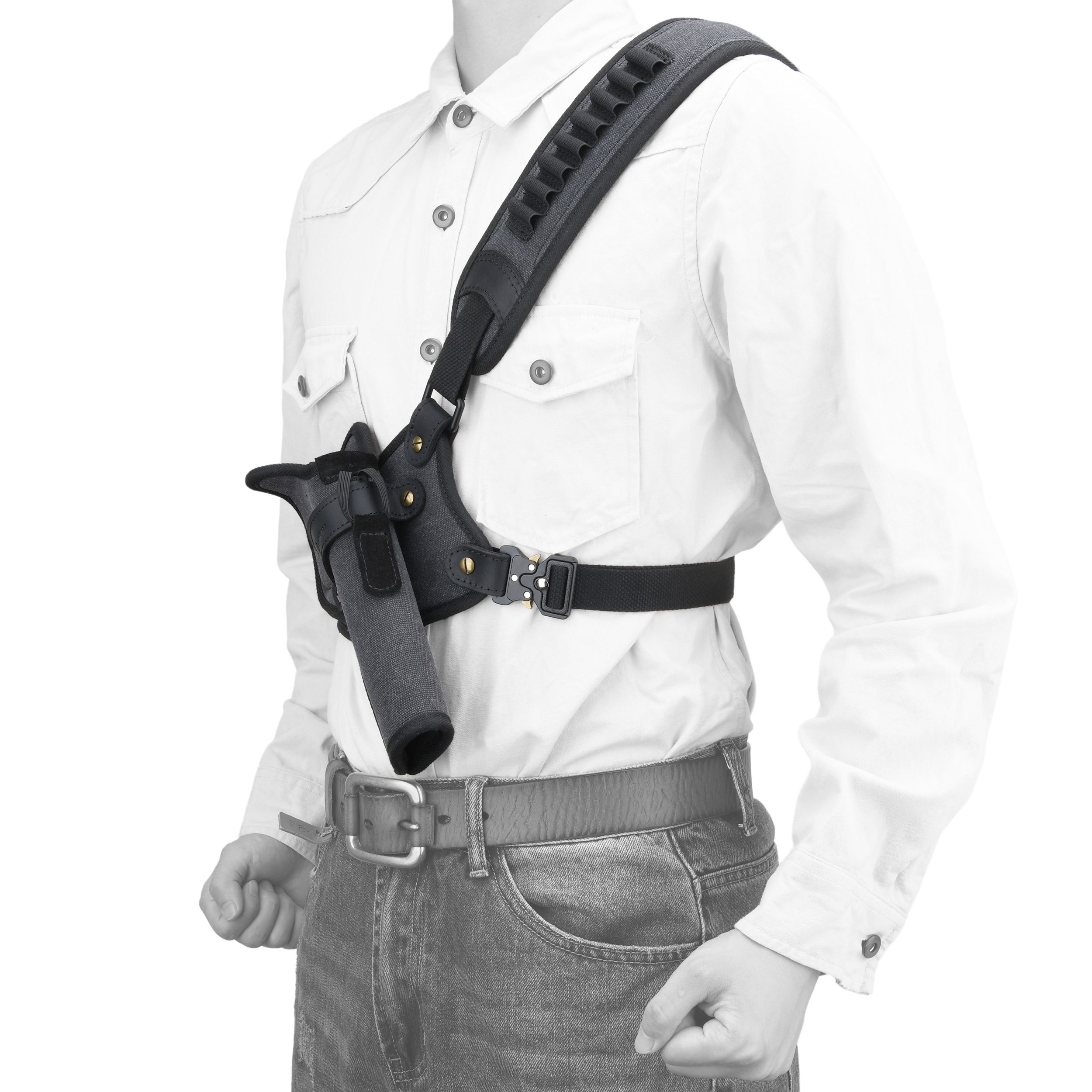Canvas Pistol Chest Holster with Double Speedloader Holder Suit for Right Handed