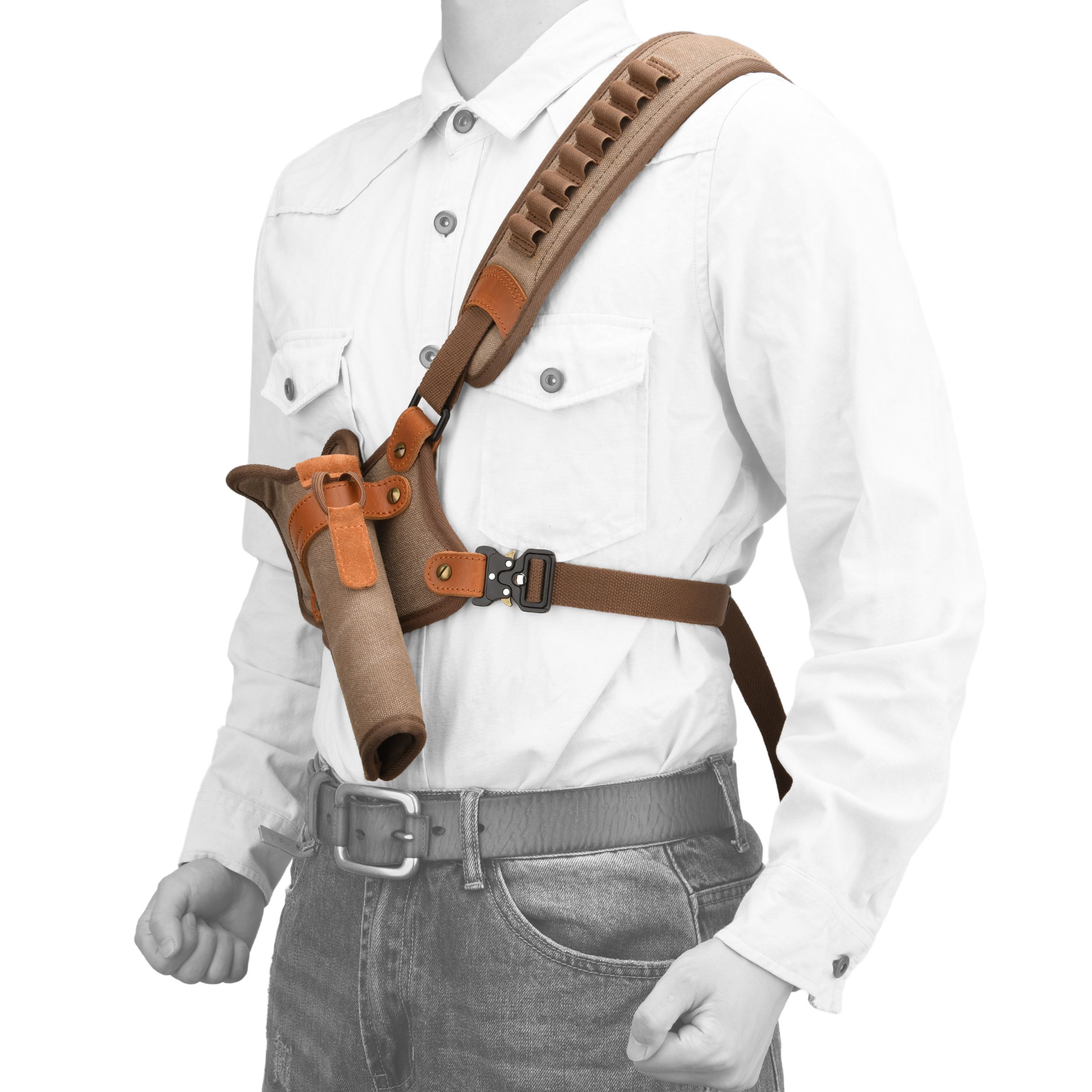 Canvas Pistol Chest Holster with Double Speedloader Holder Suit for Right Handed