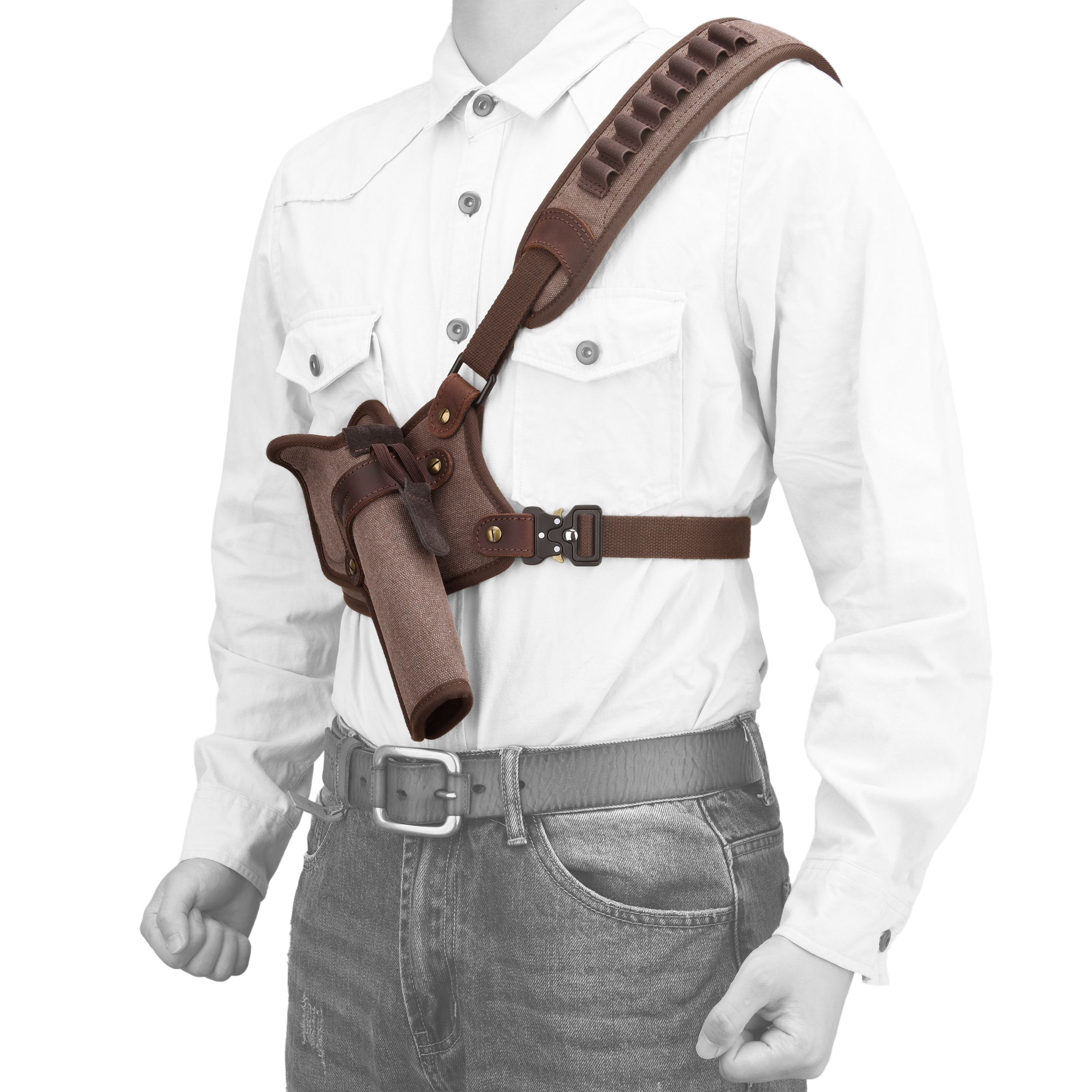 Canvas Pistol Chest Holster with Double Speedloader Holder Suit for Right Handed