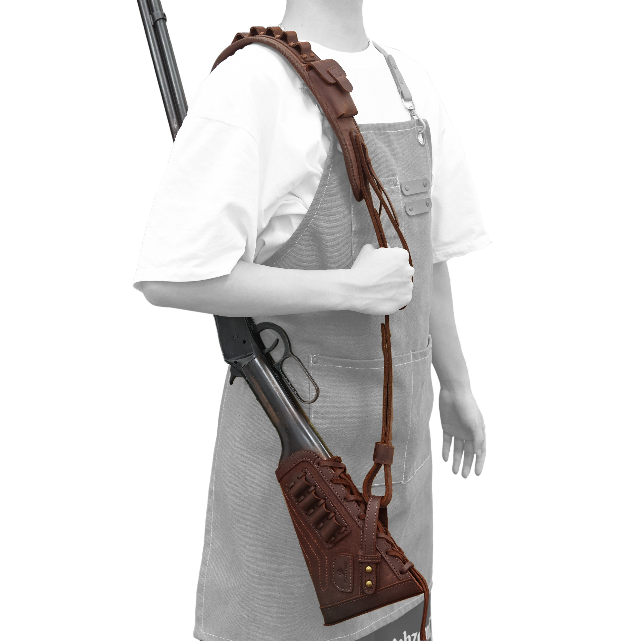 No Drill Leather Sling+Loop Mount with Rifle Cheek Rest Shell Holder