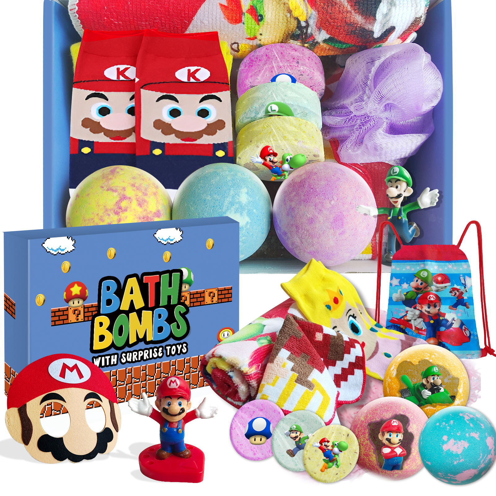 Mario Birthday Gifts Set: Bath Bombs with Mario Toys Inside, Shower Steamers, Cosplay Mask, Drawstring Backpack, Socks, Towel and Blanket, 13 Pcs Mario Toys Set for Kids Boys Girls Age 3 4 5 6 7 8 9About this item 【Mario Theme Birthday Gift Set】This Class