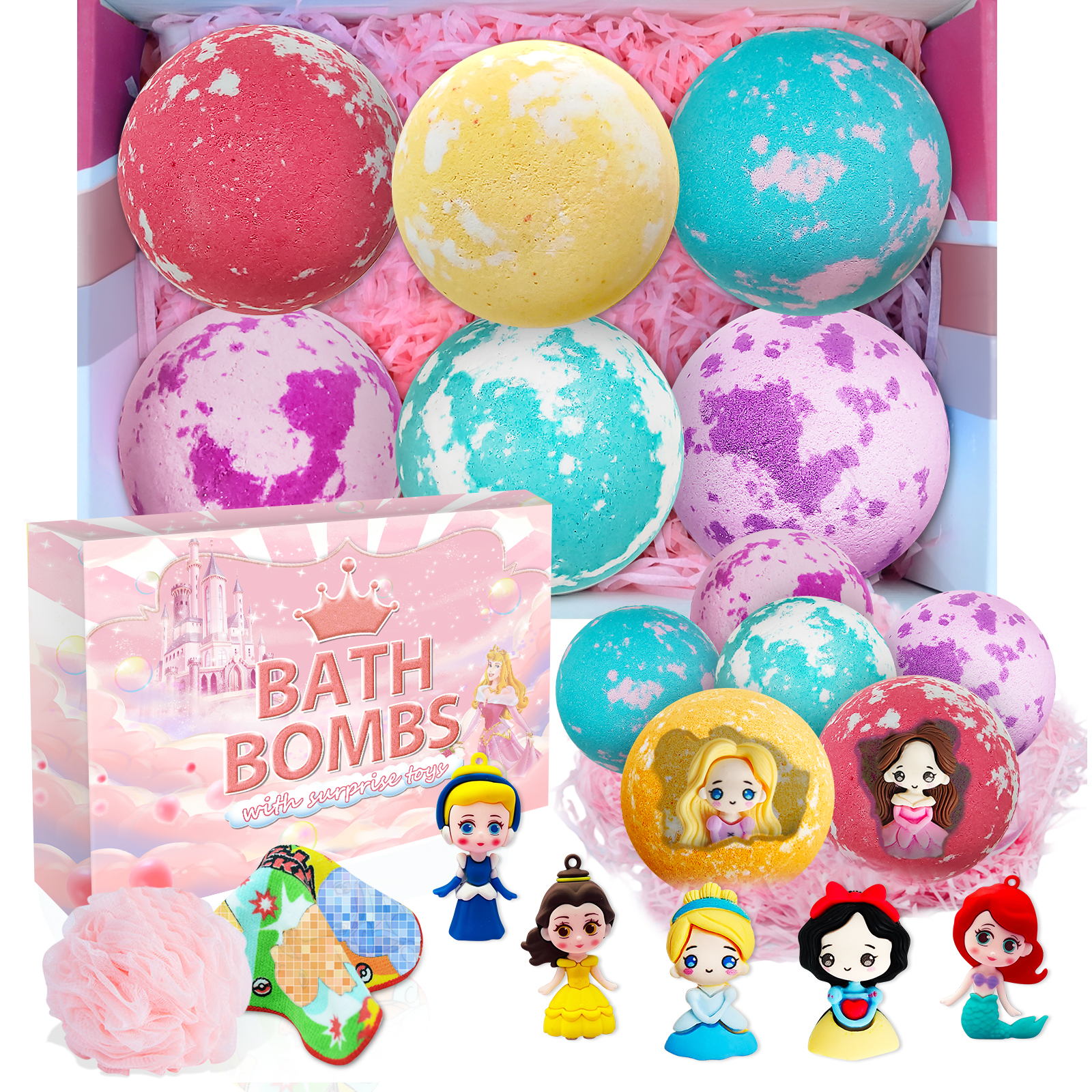Bath Bombs for Kids with Surprise Inside: Supbec XXL Princess Organic Bath Bombs Gift Set Rich in Natural Essential Oils, Kids Bath Bombs Fizzy for Dry Skin Moisturize, Christmas Gift (6 Pcs, 5 OZ)