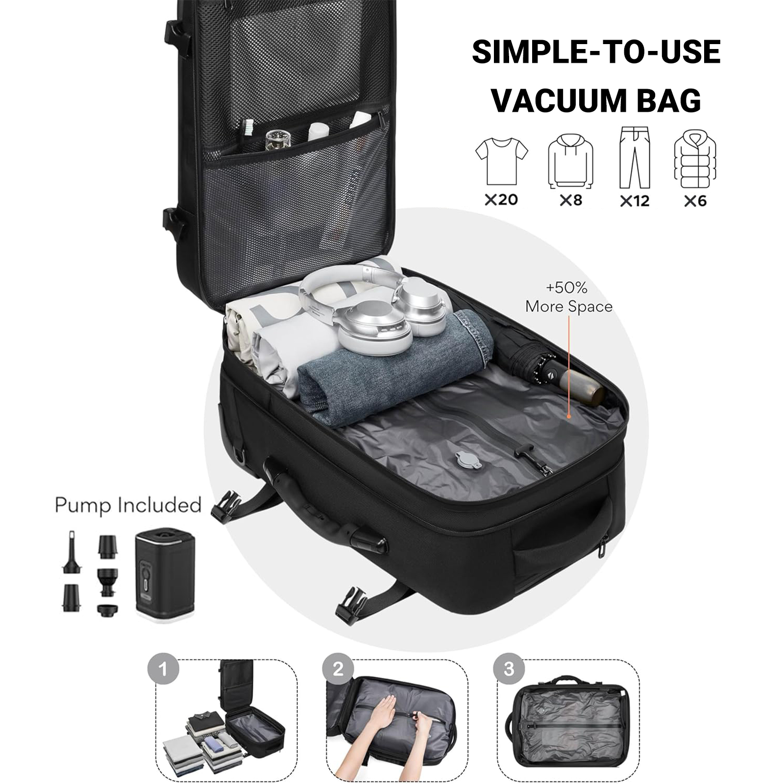 20-inch Carry on Vacuum Compression Travel Suitcase (70L), with Hidden Pull Rod, Weight Handle, TSA Lock, Charging Port