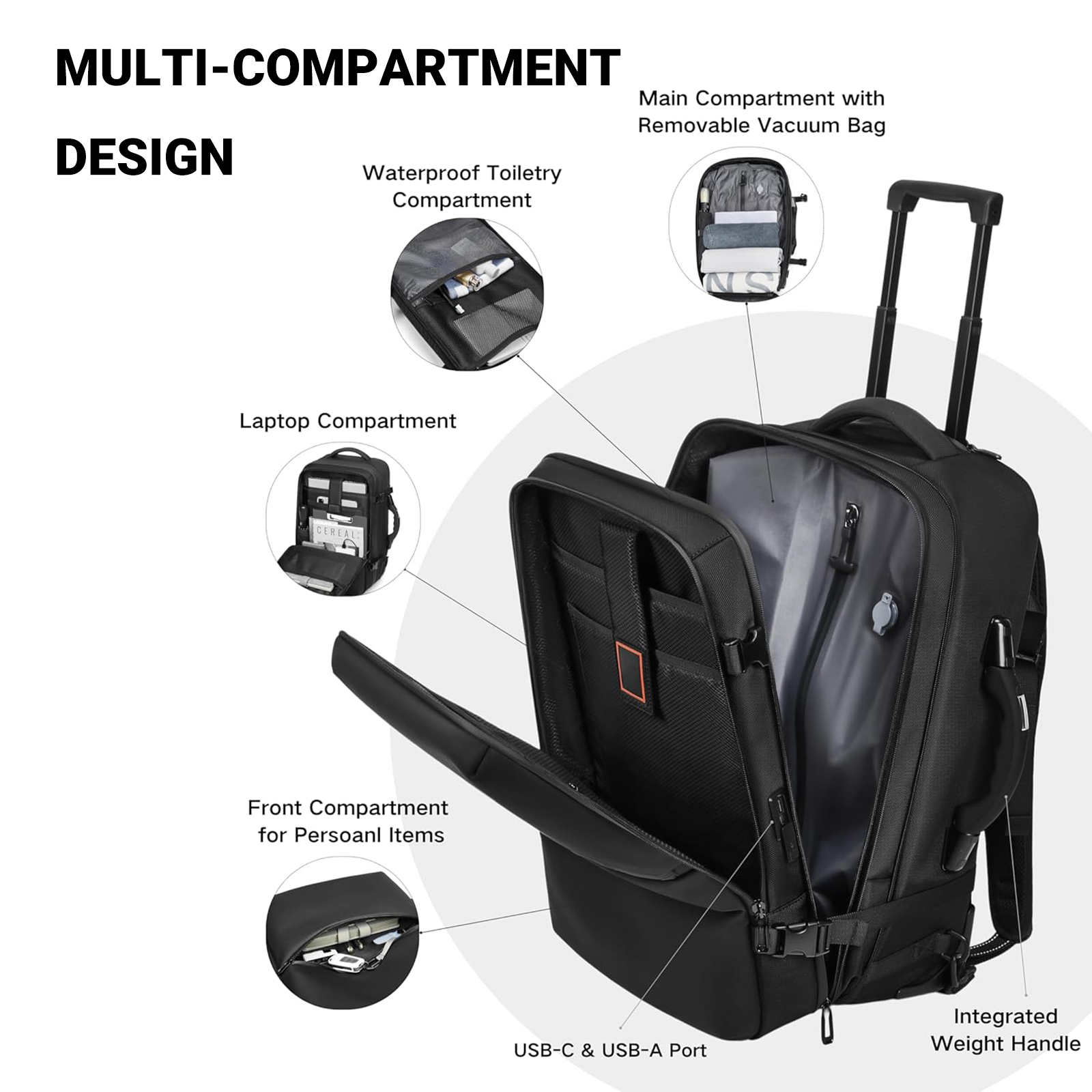 20-inch Carry on Vacuum Compression Travel Suitcase (70L), with Hidden Pull Rod, Weight Handle, TSA Lock, Charging Port
