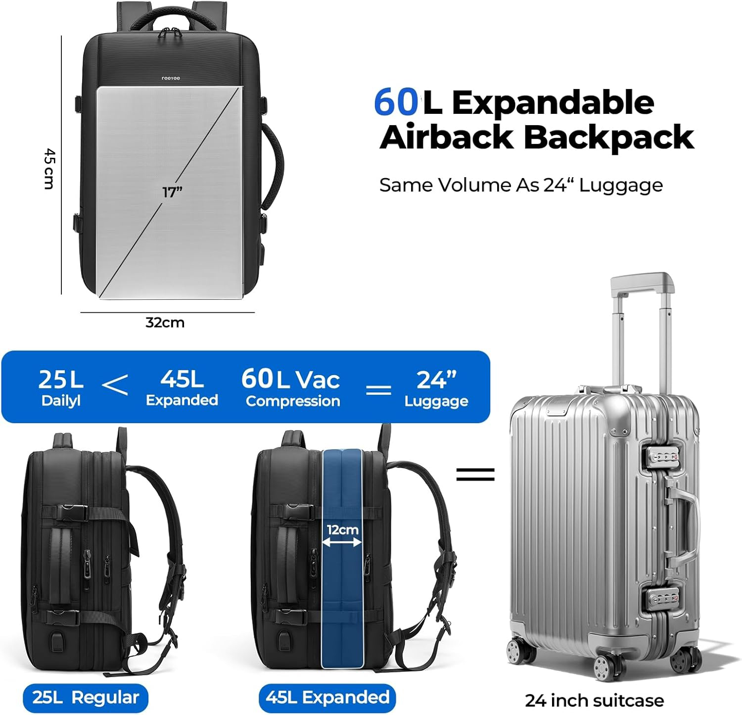 60L Carry on Vacuum Compression Travel Expandable Backpack