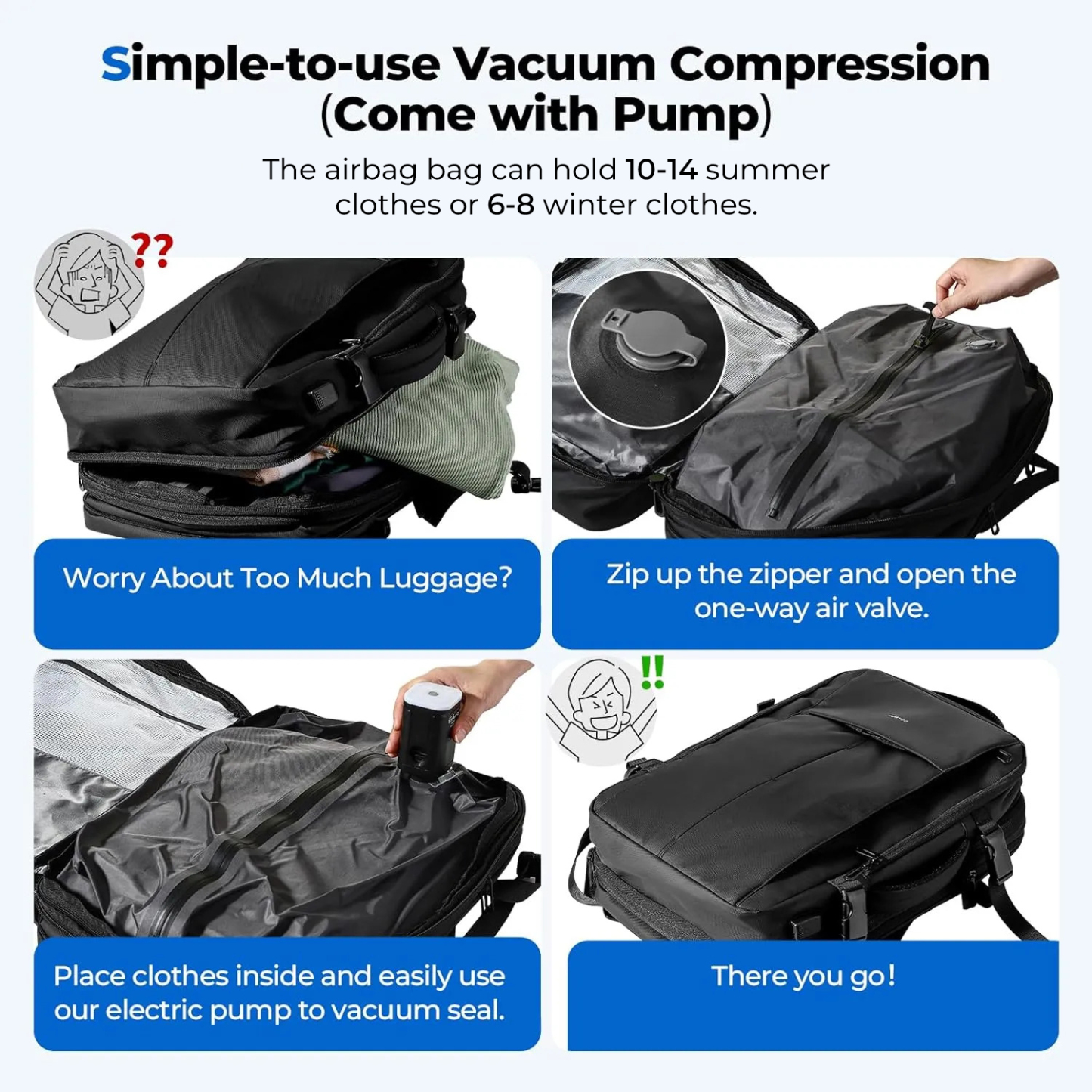 60L Carry on Vacuum Compression Travel Expandable Backpack
