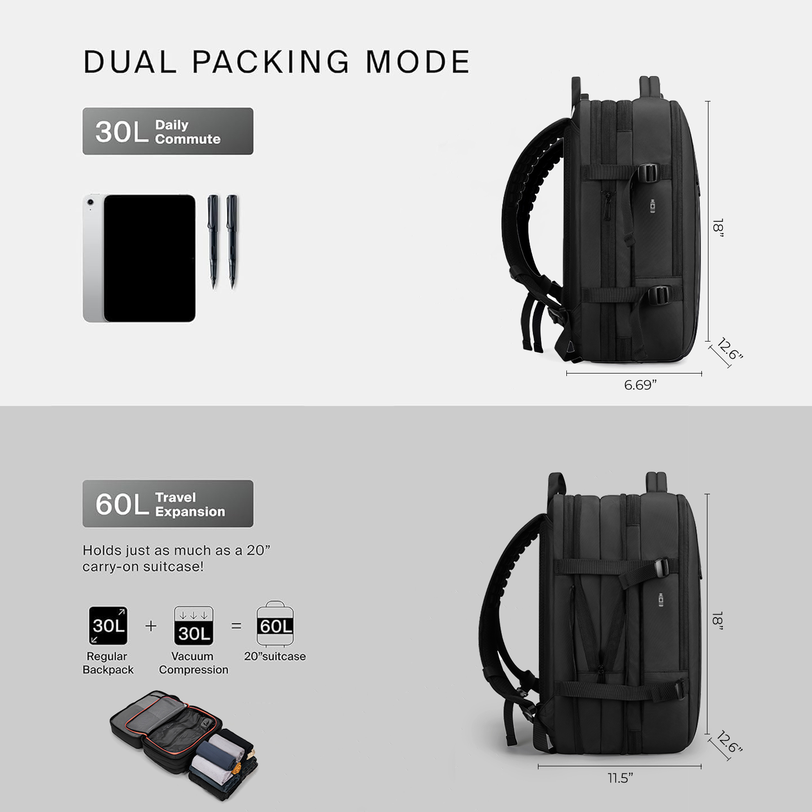 60L Carry on Vacuum Compression Travel Expandable Backpack