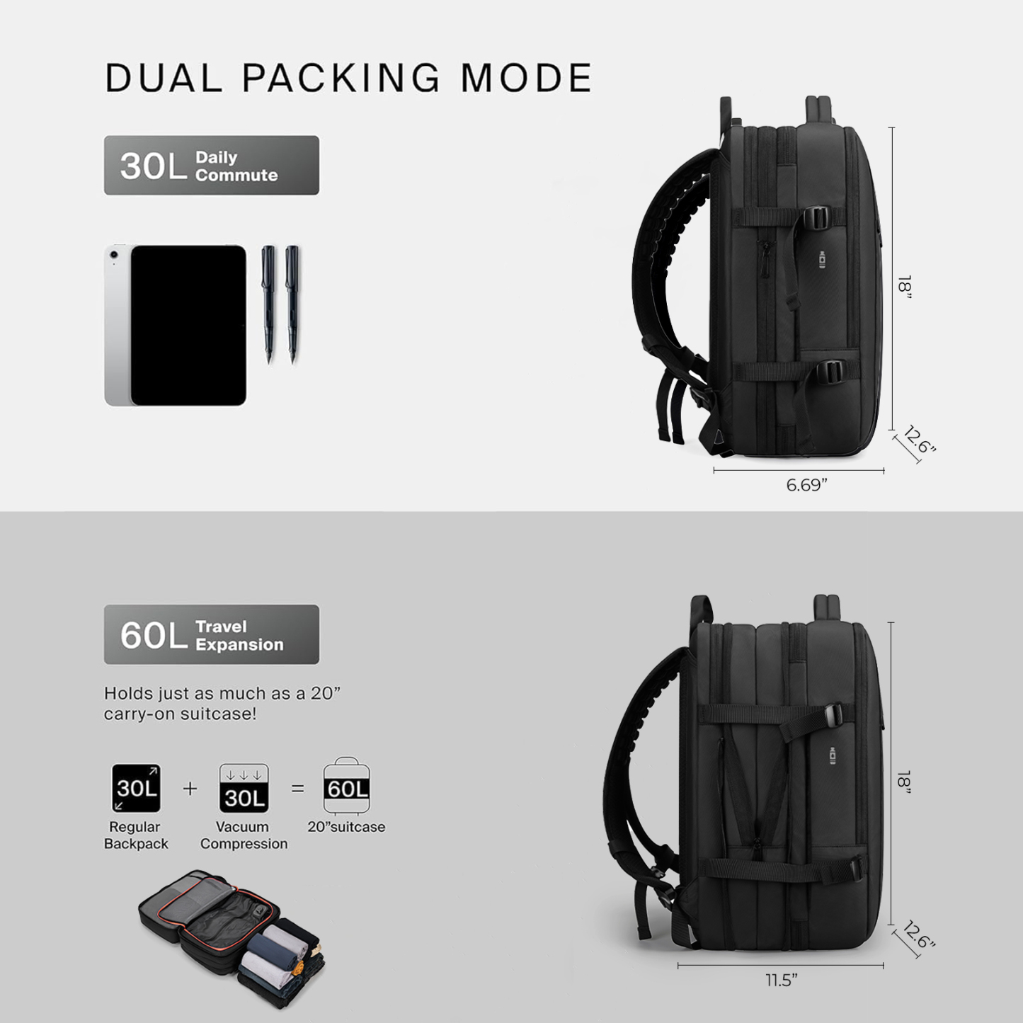60L Carry on Vacuum Compression Travel Expandable Backpack