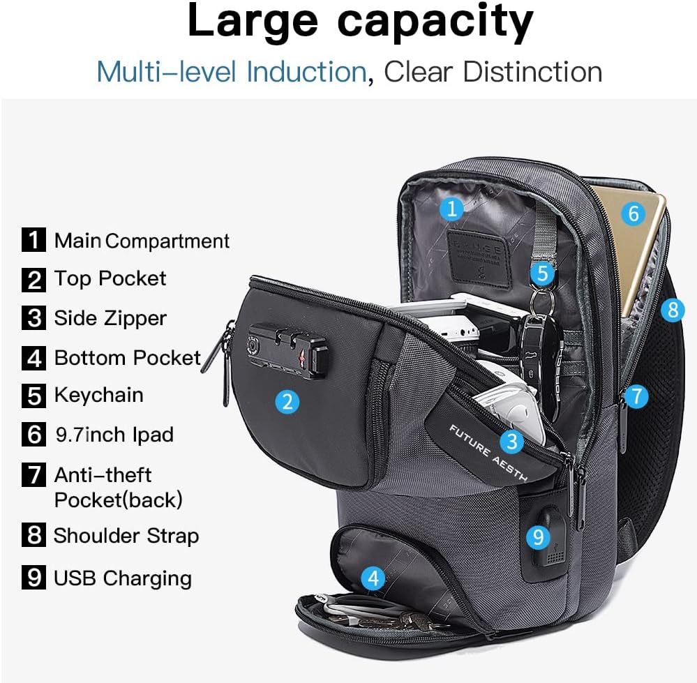BANGE 7082 Sling Bag, Waterproof Men's Chest Bag Shoulder bags Crossbody Sling Backpack for Men