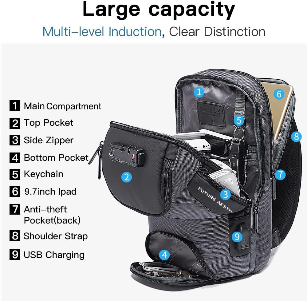 BANGE 7082 Sling Bag, Waterproof Men's Chest Bag Shoulder bags Crossbody Sling Backpack for Men