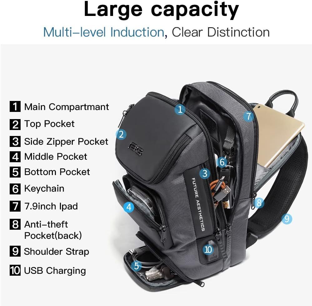 BANGE 7086 Sling Bag, Waterproof Men's Chest Bag Shoulder bags Crossbody Sling Backpack for Men