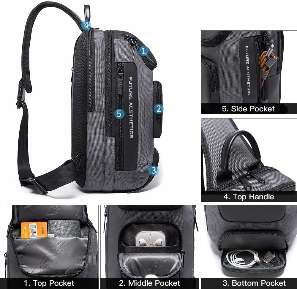 BANGE 7086 Sling Bag, Waterproof Men's Chest Bag Shoulder bags Crossbody Sling Backpack for Men