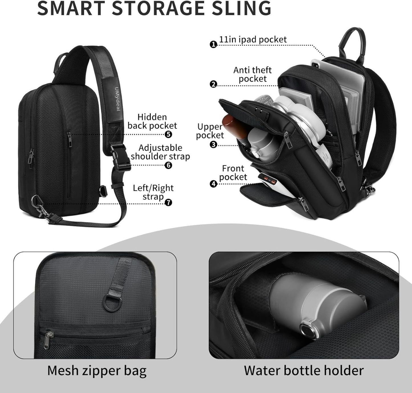 Sling Bag for Men, Anti Theft Sling Backpack, Mens Crossbody Bag, Shoulder Chest Bag for Travel, Casual