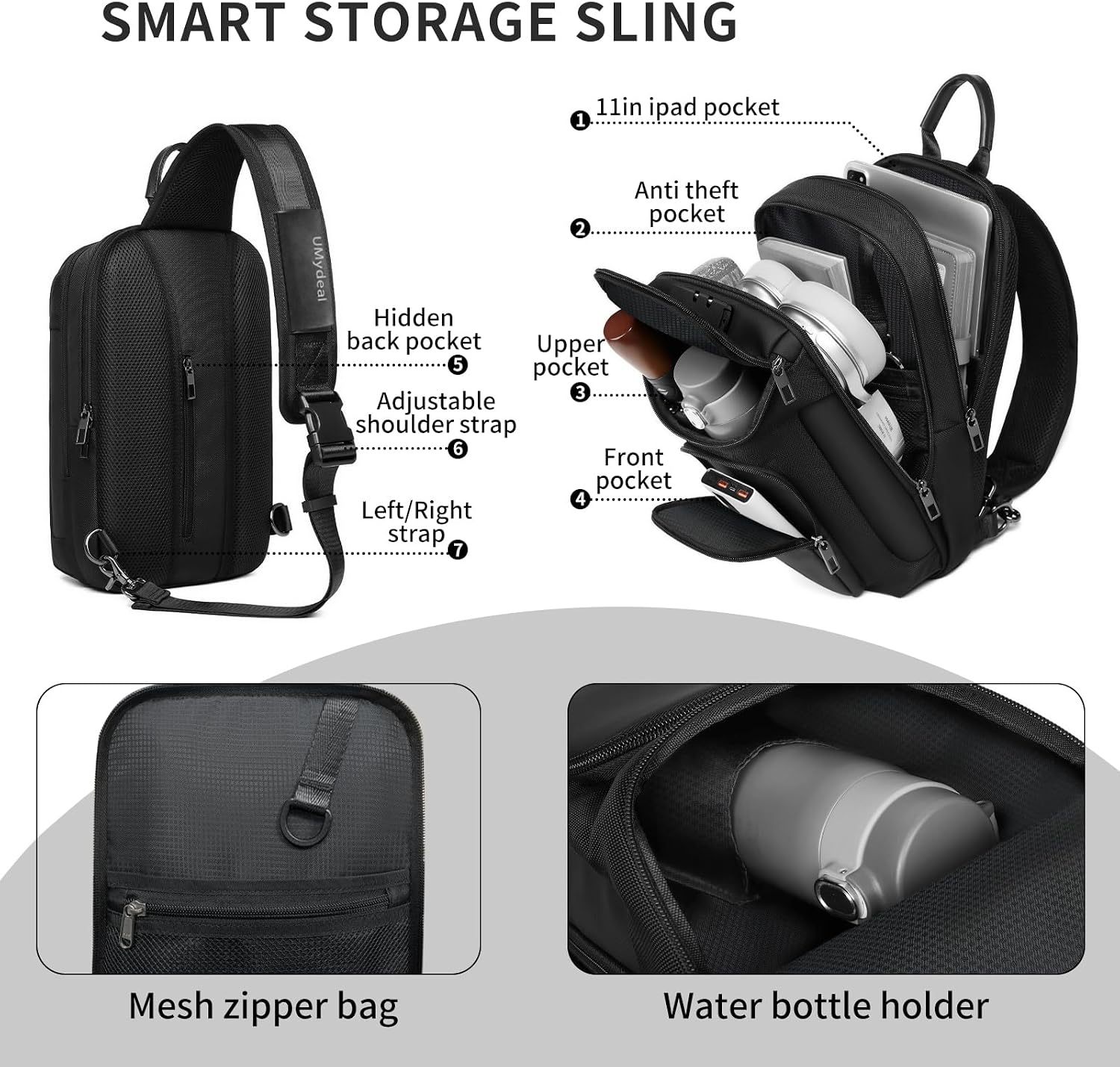 Sling Bag for Men, Anti Theft Sling Backpack, Mens Crossbody Bag, Shoulder Chest Bag for Travel, Casual