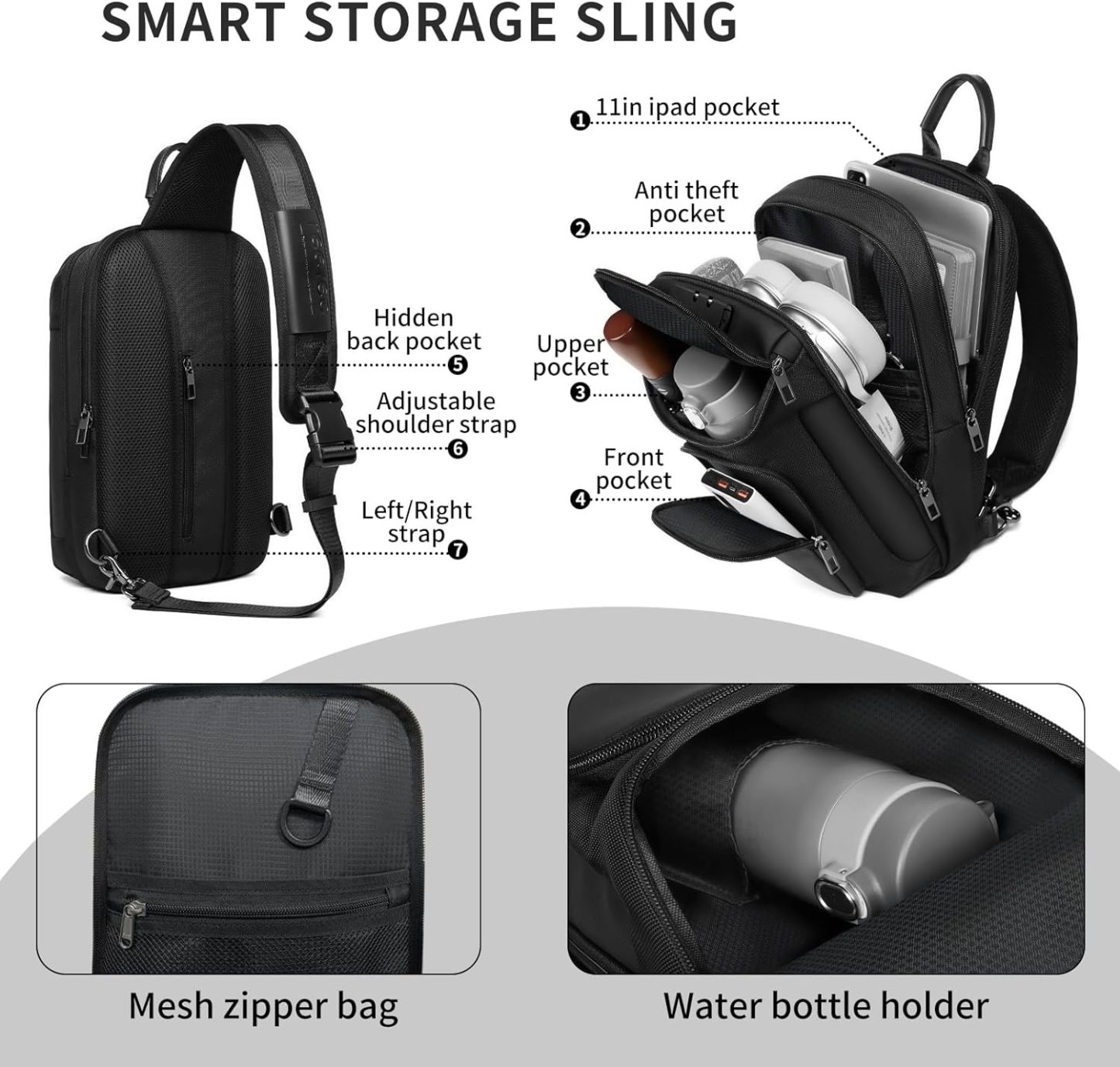Sling Bag for Men, Anti Theft Sling Backpack, Mens Crossbody Bag, Shoulder Chest Bag for Travel, Casual