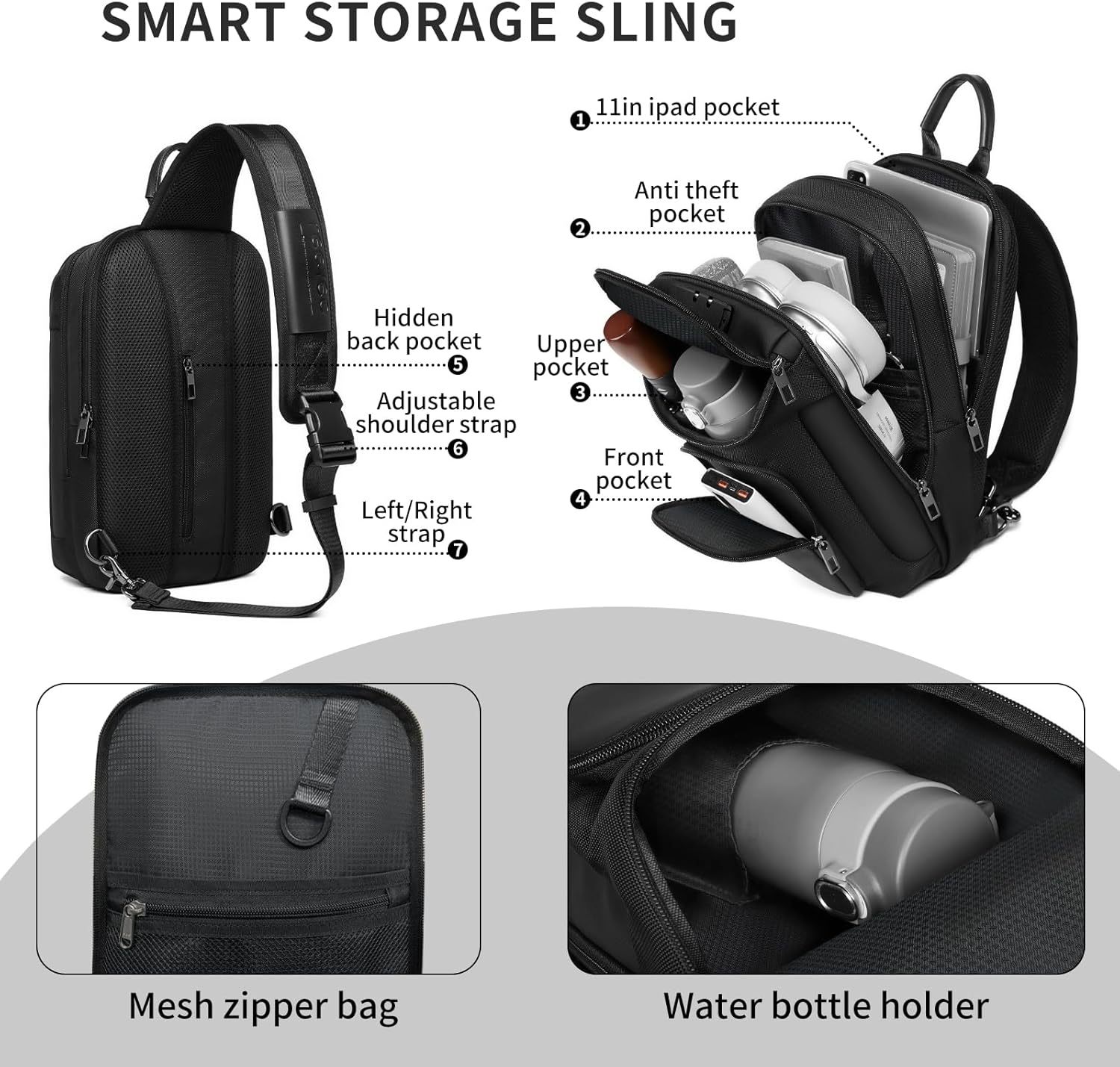 Sling Bag for Men, Anti Theft Sling Backpack, Mens Crossbody Bag, Shoulder Chest Bag for Travel, Casual