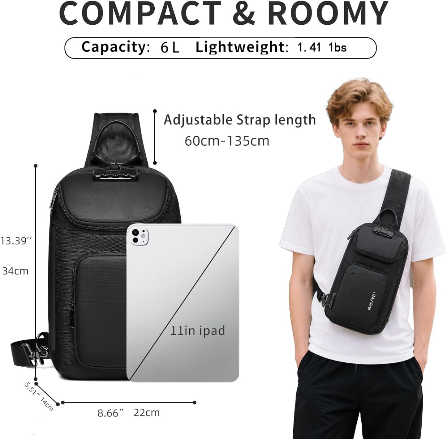 Sling Bag for Men, Anti Theft Sling Backpack, Mens Crossbody Bag, Shoulder Chest Bag for Travel, Casual