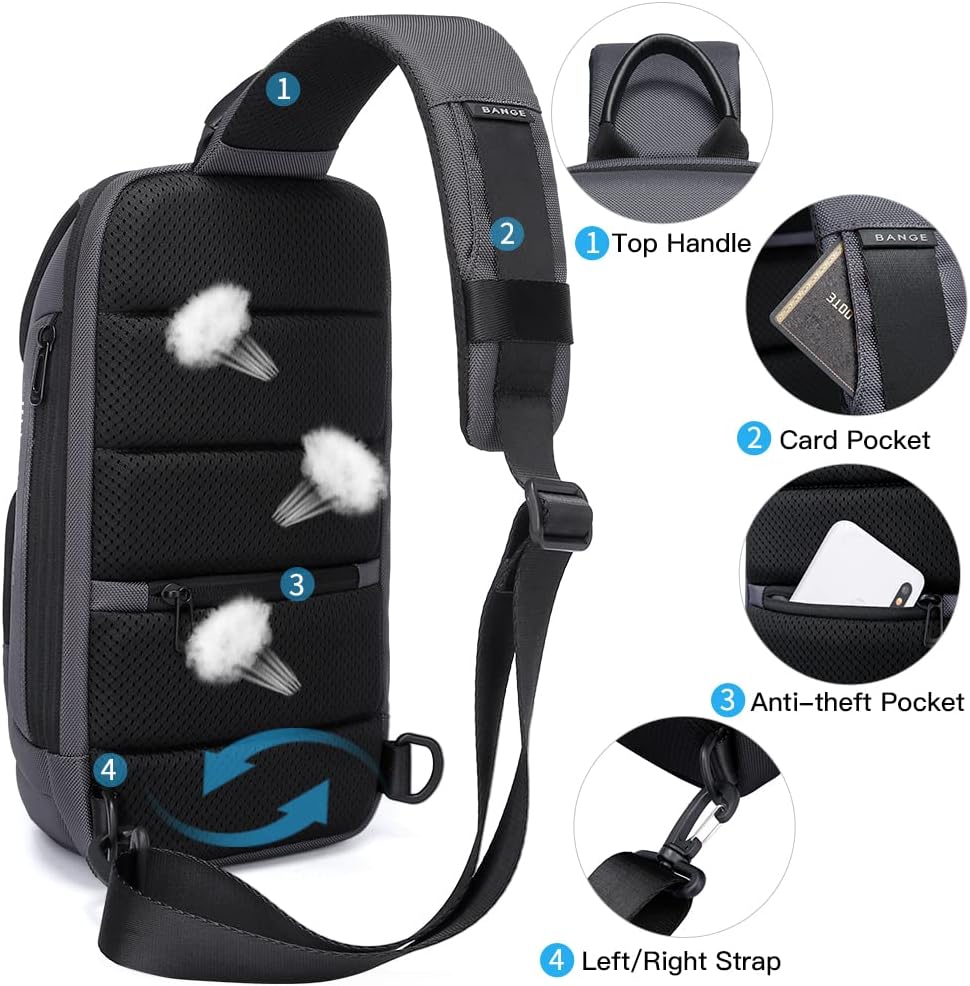 BANGE7565 crossbody bag, anti-theft lock, USB charging port, waterproof crossbody backpack