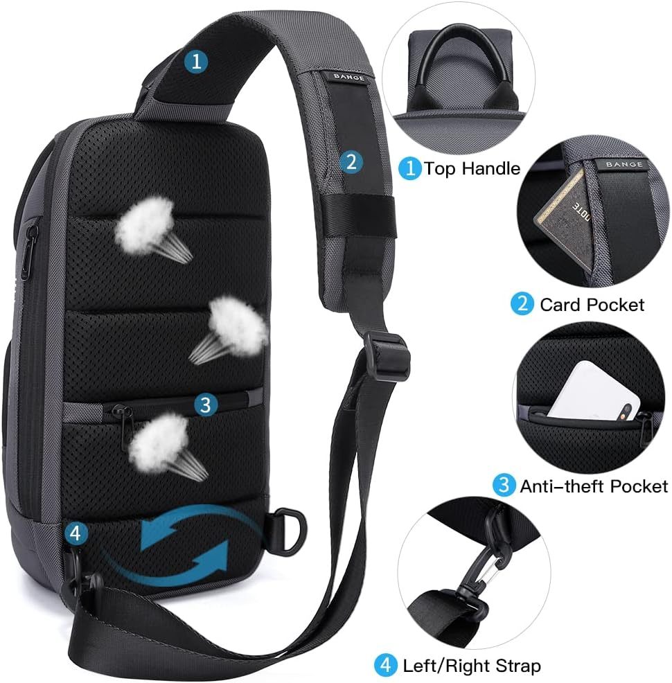 BANGE7565 crossbody bag, anti-theft lock, USB charging port, waterproof crossbody backpack