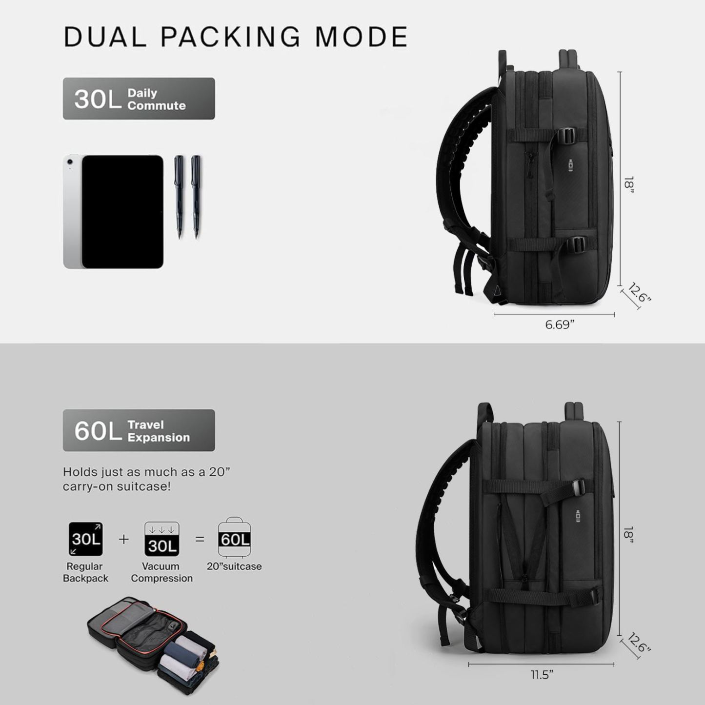 60L Carry on Vacuum Compression Travel Expandable Backpack