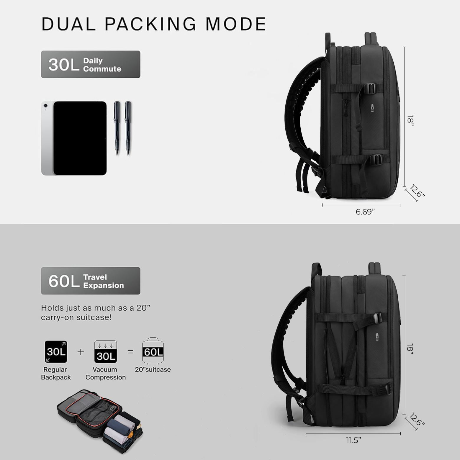 60L Carry on Vacuum Compression Travel Expandable Backpack
