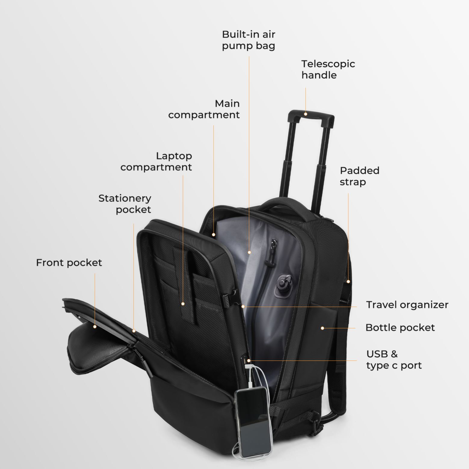 20-inch Carry on Vacuum Compression Travel Suitcase (70L), with Hidden Pull Rod, Weight Handle, TSA Lock, Charging Port