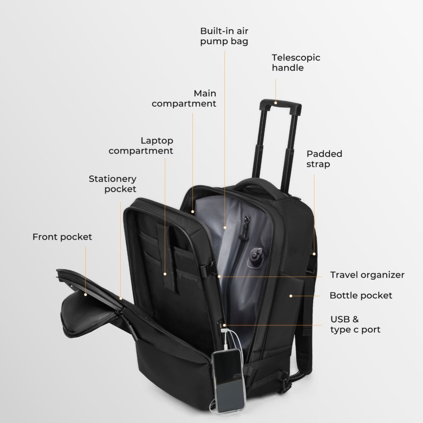 20-inch Carry on Vacuum Compression Travel Suitcase (70L), with Hidden Pull Rod, Weight Handle, TSA Lock, Charging Port
