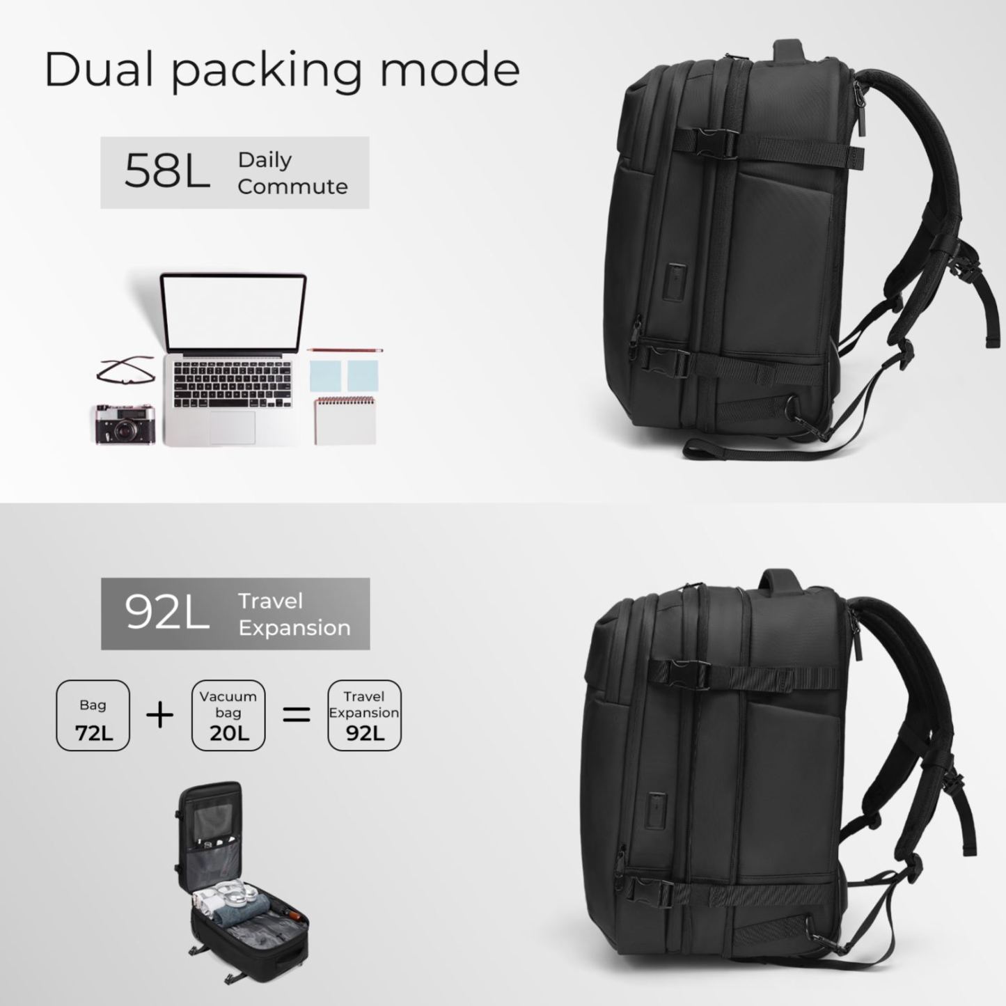 20-inch Carry on Vacuum Compression Travel Suitcase (70L), with Hidden Pull Rod, Weight Handle, TSA Lock, Charging Port