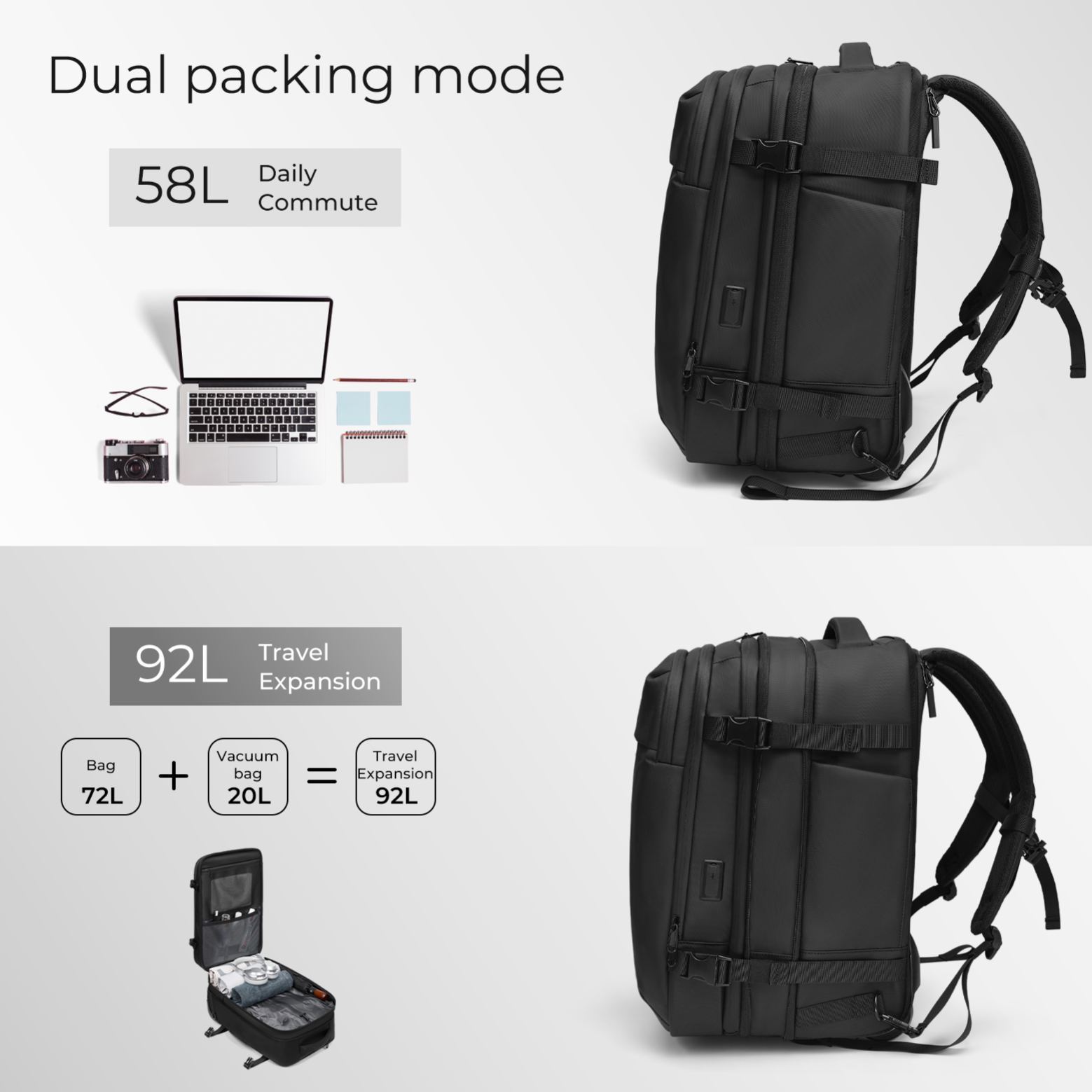 20-inch Carry on Vacuum Compression Travel Suitcase (70L), with Hidden Pull Rod, Weight Handle, TSA Lock, Charging Port