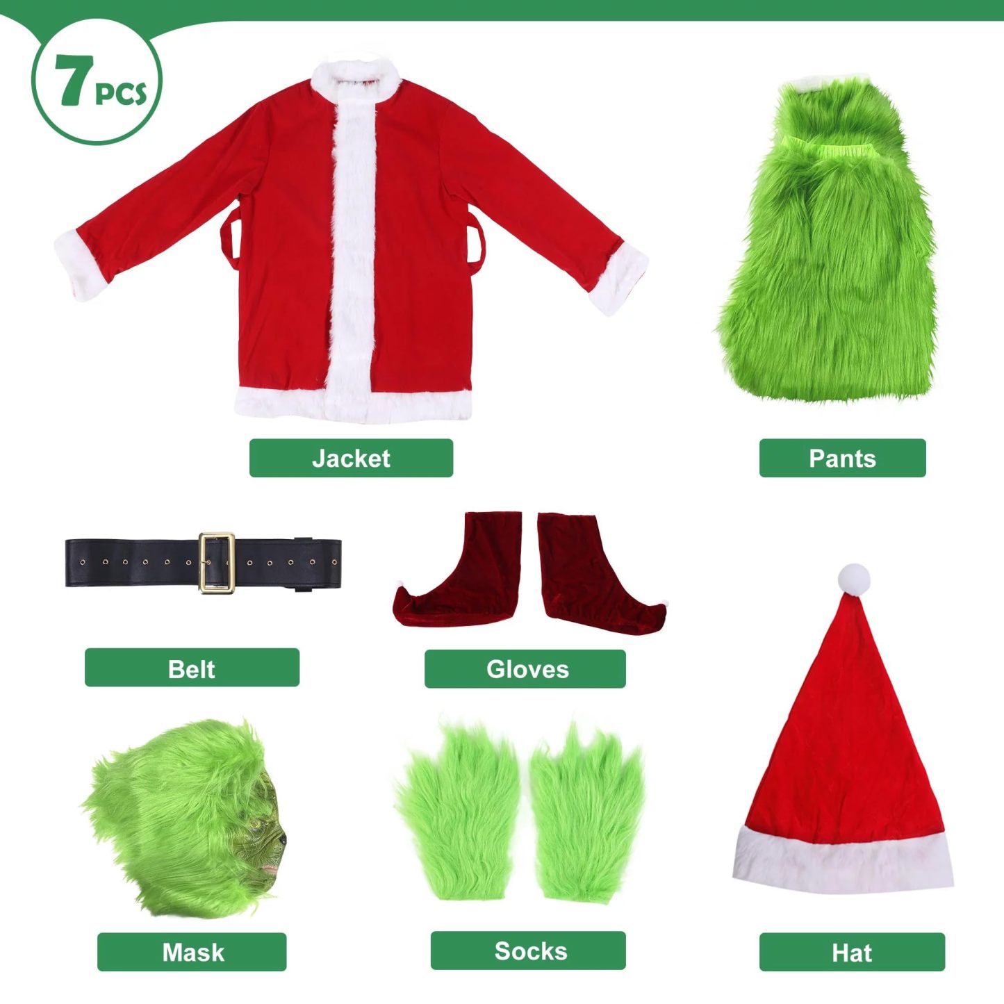 The Grinch 7-Piece Christmas Cosplay Costume Set
