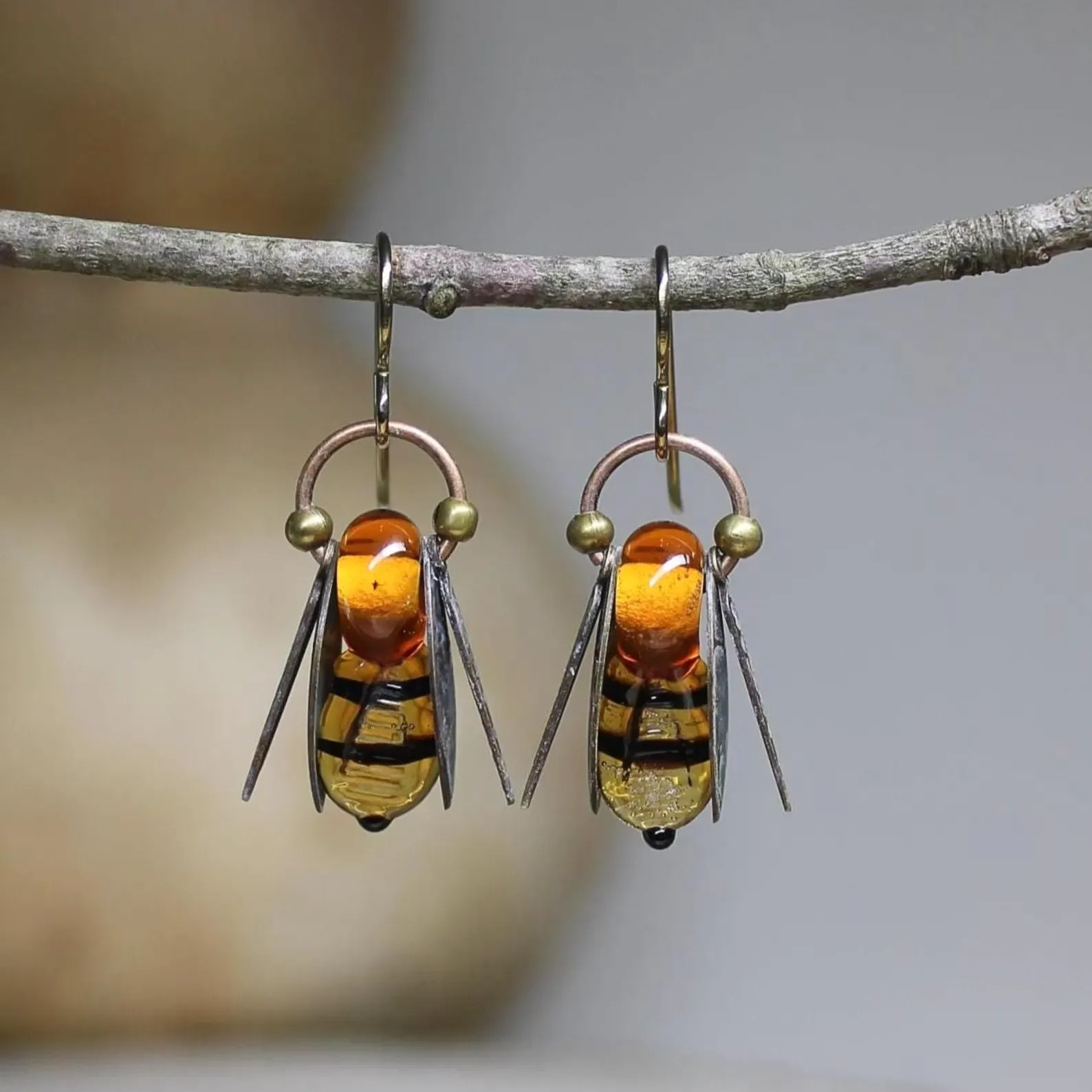 Bumble Bee Amber Glass Dangles