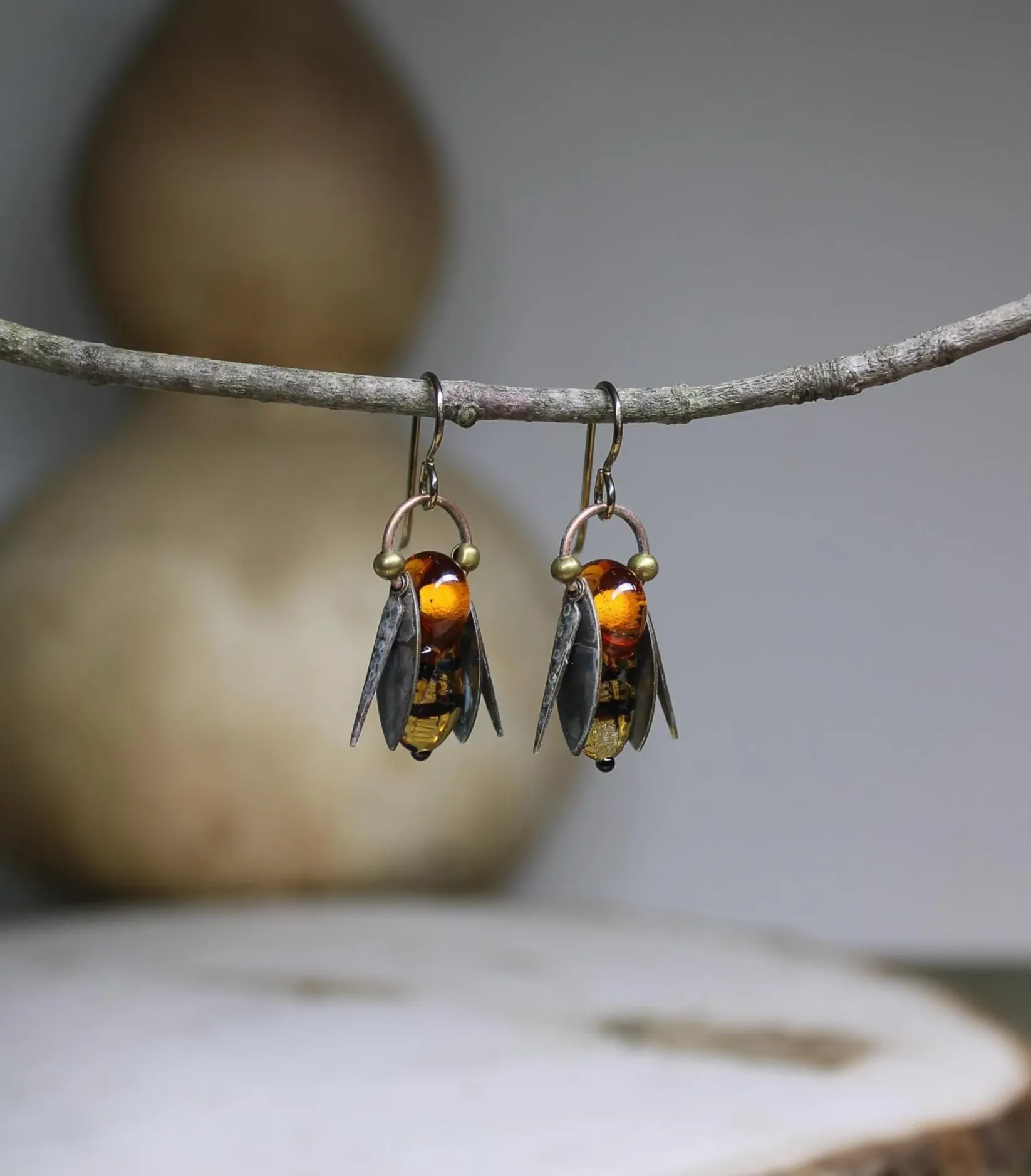 Bumble Bee Amber Glass Dangles