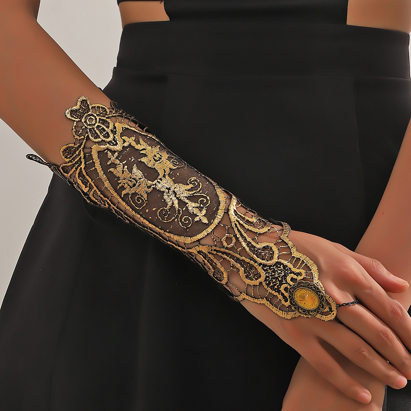 🧤Mănuși din dantelă bronzată, mănuși și brățări lungi fără degete, retro și elegante