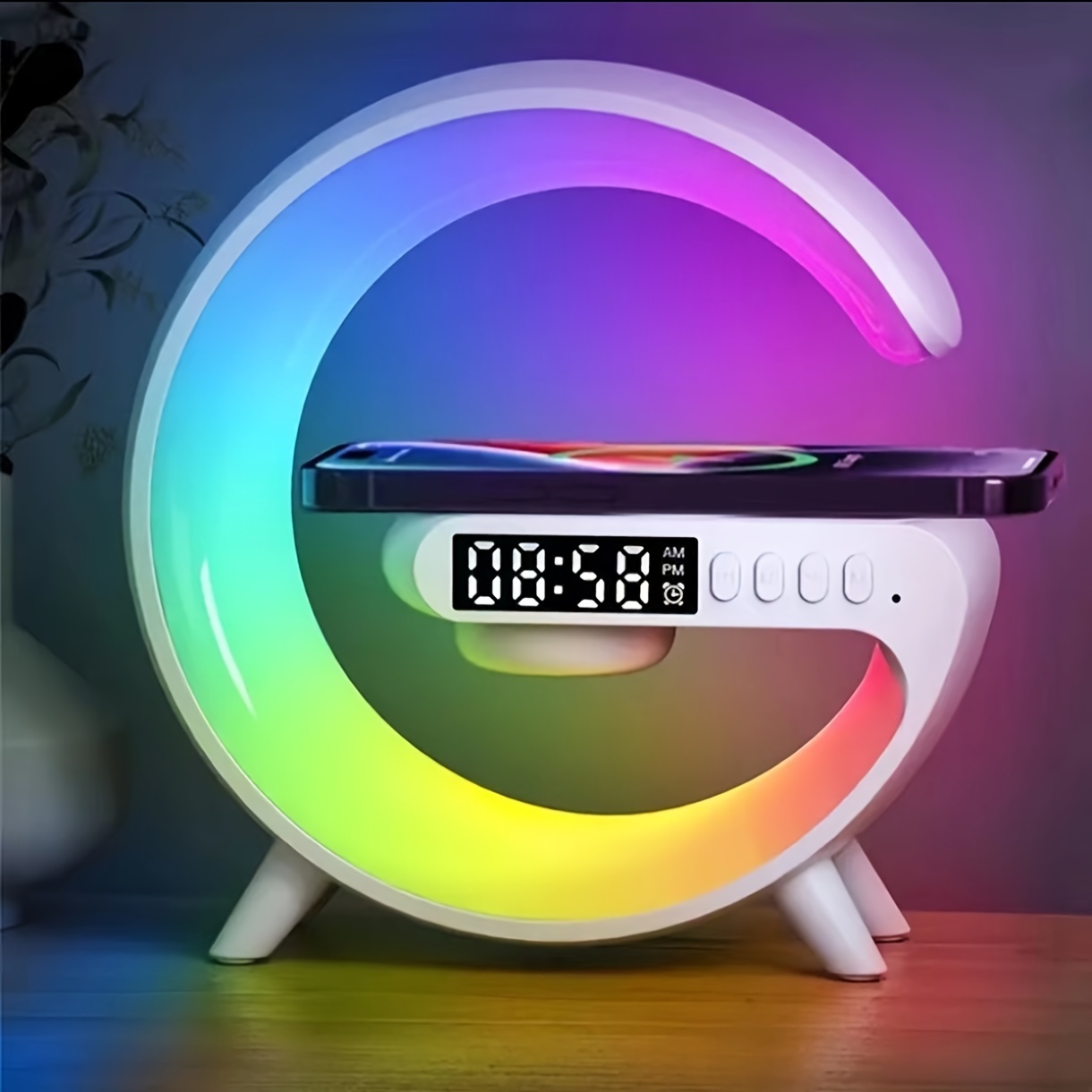 Produs nou, difuzor Bluetooth Big G, lumină de atmosferă colorată, ceas de încărcare fără fir și aparat de alarmă all-in-one