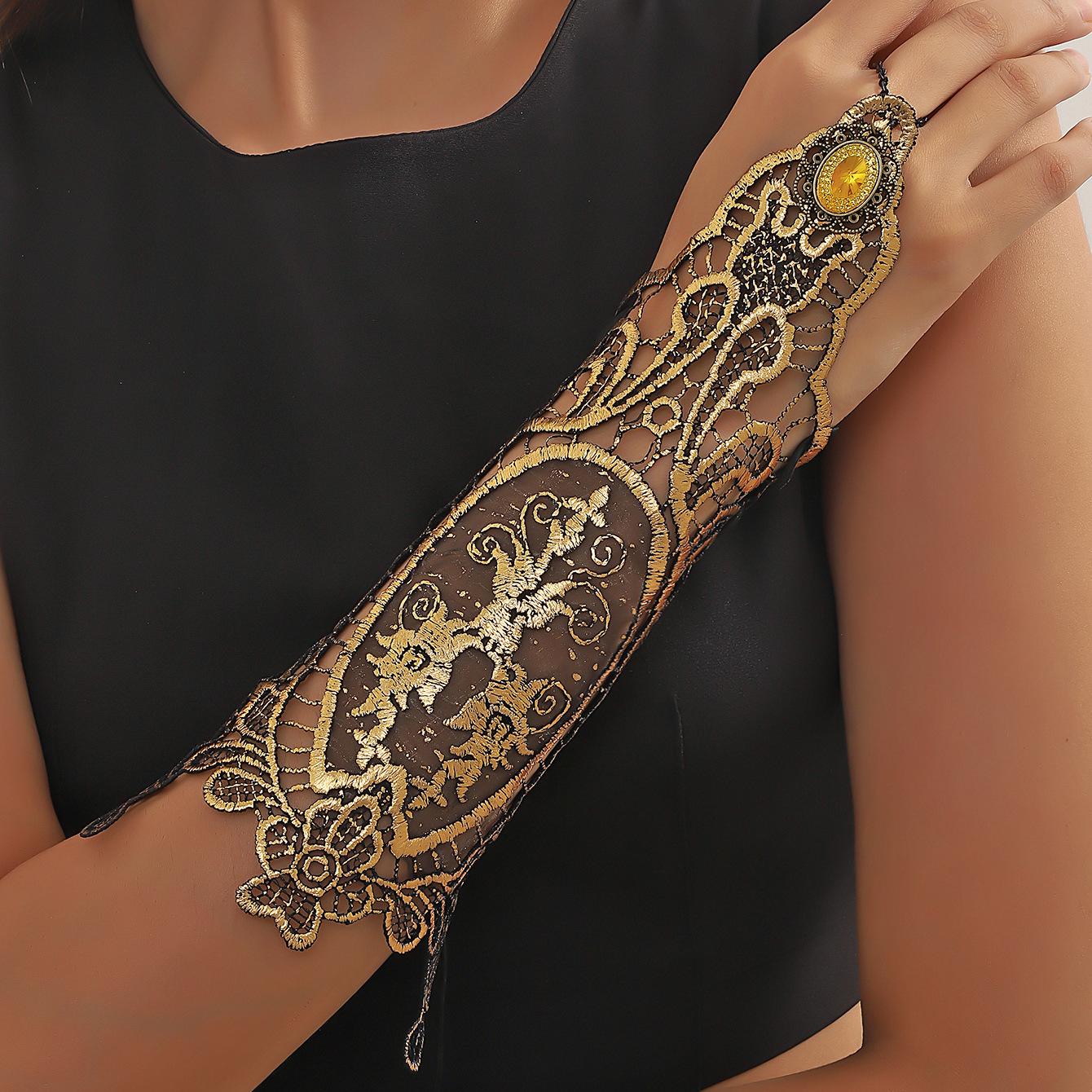 🧤Mănuși din dantelă bronzată, mănuși și brățări lungi fără degete, retro și elegante