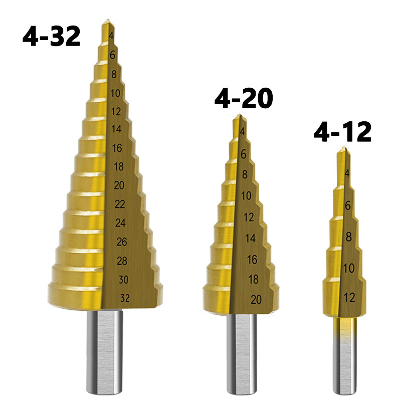 Set de 6 bucăți de burghie acoperite cu titan, incluzând 3 dimensiuni de burghie trepte și 3 dimensiuni de burghie elicoidale zimtate pentru găurirea metalului în lemn