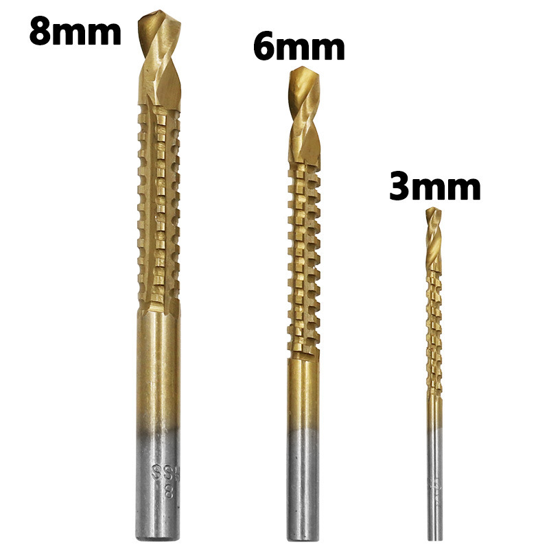 Set de 6 bucăți de burghie acoperite cu titan, incluzând 3 dimensiuni de burghie trepte și 3 dimensiuni de burghie elicoidale zimtate pentru găurirea metalului în lemn